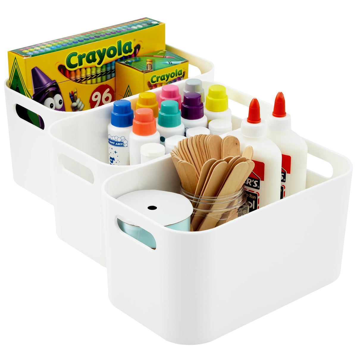 Stori 10'' X 6'' Open Plastic Organizer Bin (Set Of 3) White | Rectangular Arts & Crafts Storage Container With Pass-Through Han