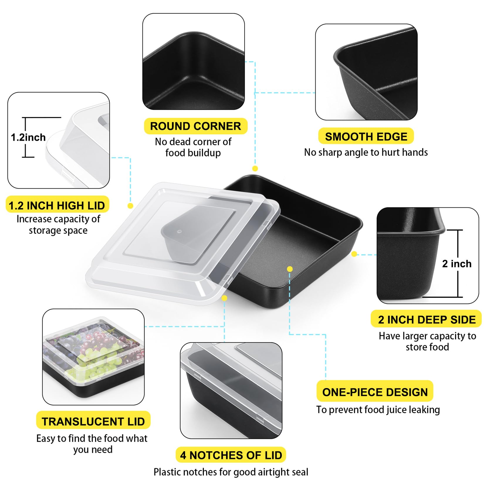 P&P Chef Square Baking Pan With Lid Set, 8 Inch Non-Stick Square Cake Pans For Oven Cooking Brownie Lasagna, Stainless Steel Cor