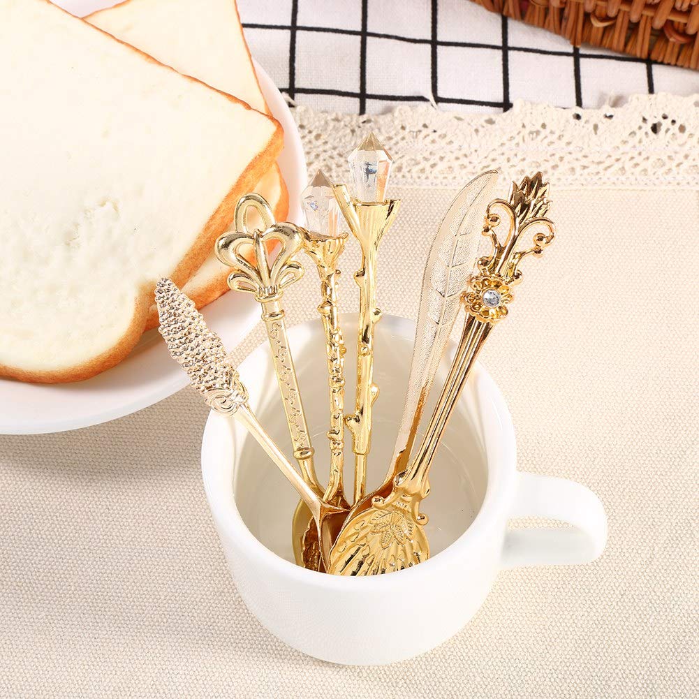 6Pcs/Set Retro Royal Spoons & Fork, 5Pcs Vintage Spoons And 1Pcs Fork, Coffee Espresso Tea Spoon, Zinc Alloy Creative Gold Spoon