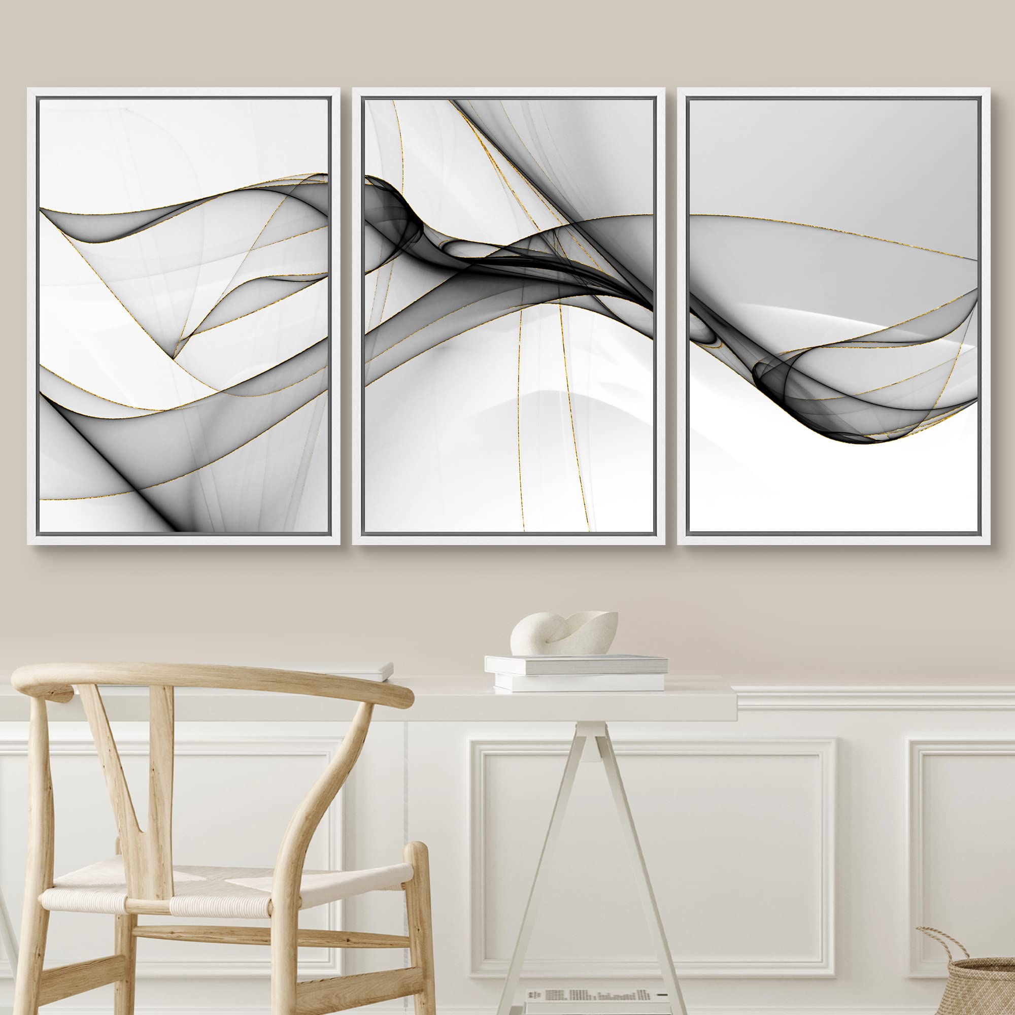 Signwin Framed Canvas Print Wall Art Set Pastel Gray Geometric Smoke Wave Abstract Shapes Illustrations Modern Art Decorative No