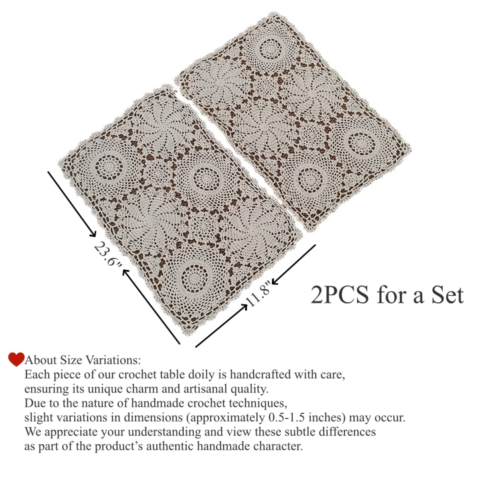 Ustide 100% Cotton Crochet Lace Rectangular Table Runner Bedside Table Cover Ecru Dresser Scarf Doilies,2Pcs 11 Inch X23 Inch