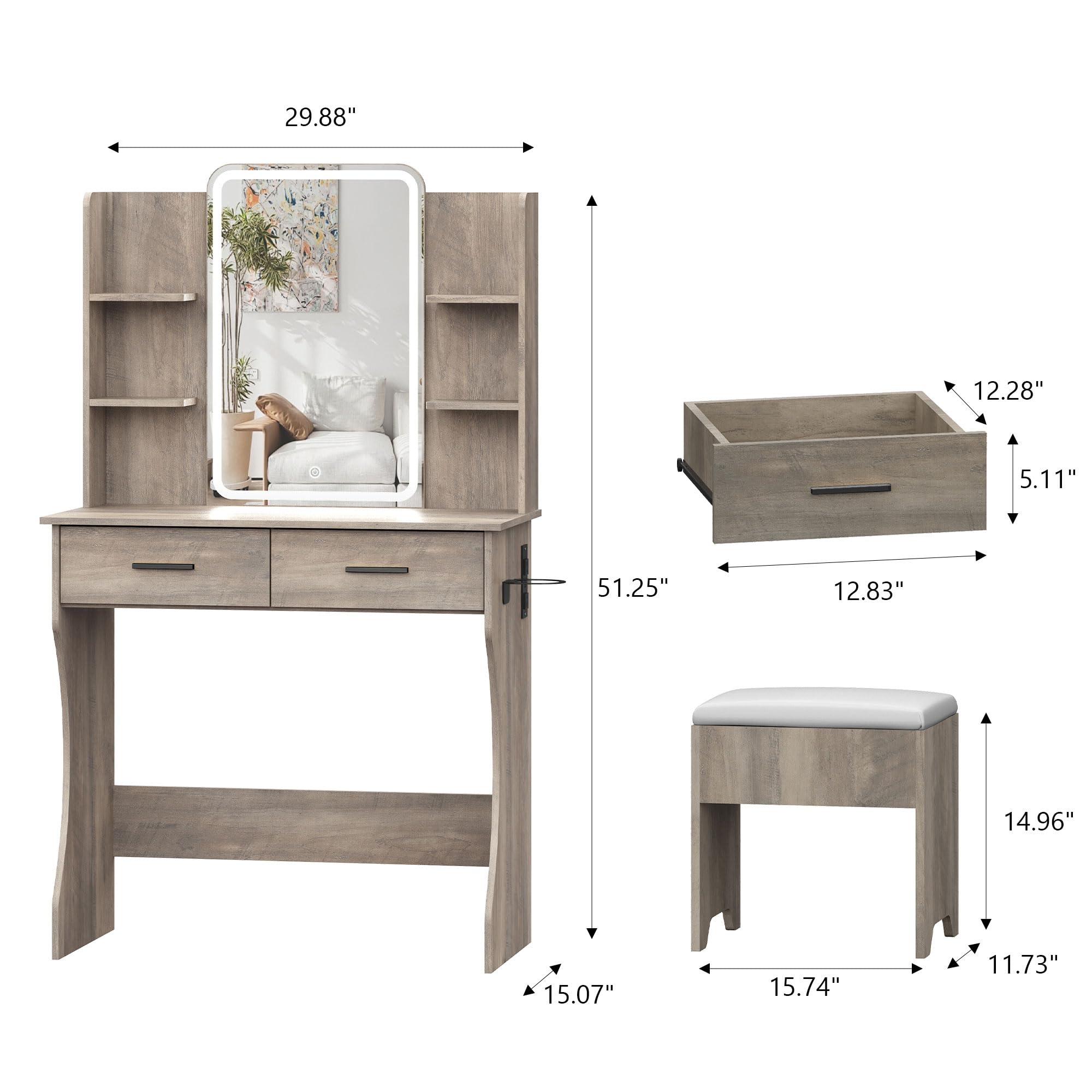 Small Vanity Desk with Mirror and Lights, Makeup Vanity with LED Lights, Grey Vanity Mirror with Lighted Desk and Chair, 3 Light