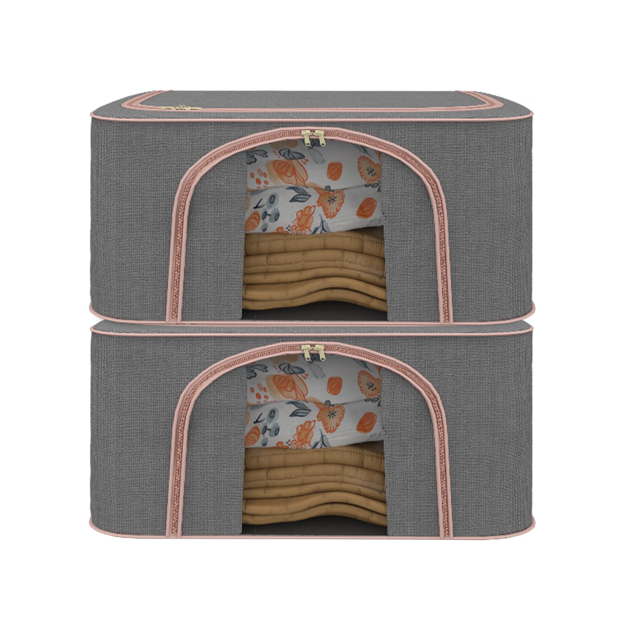 Kuber Industries Pack Of 2 Foldable 66 Liter Cloth Organizer For Storage With Steel Frames, Zip & Handles | See Through Saree Or