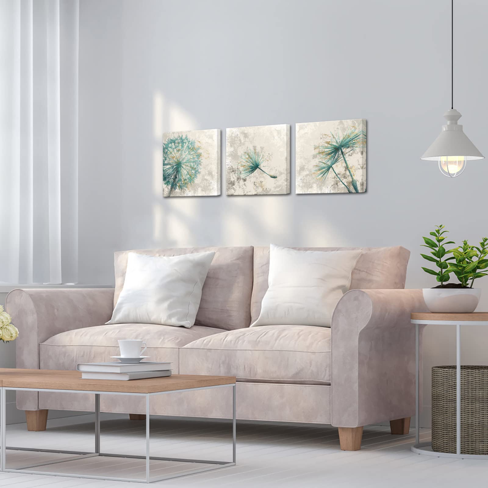 3 Pieces Teal Dandelion Canvas Wall Art Abstract Neutral Green Blowing Flower On Rustic Wood Background Framed Artwork For Bedro