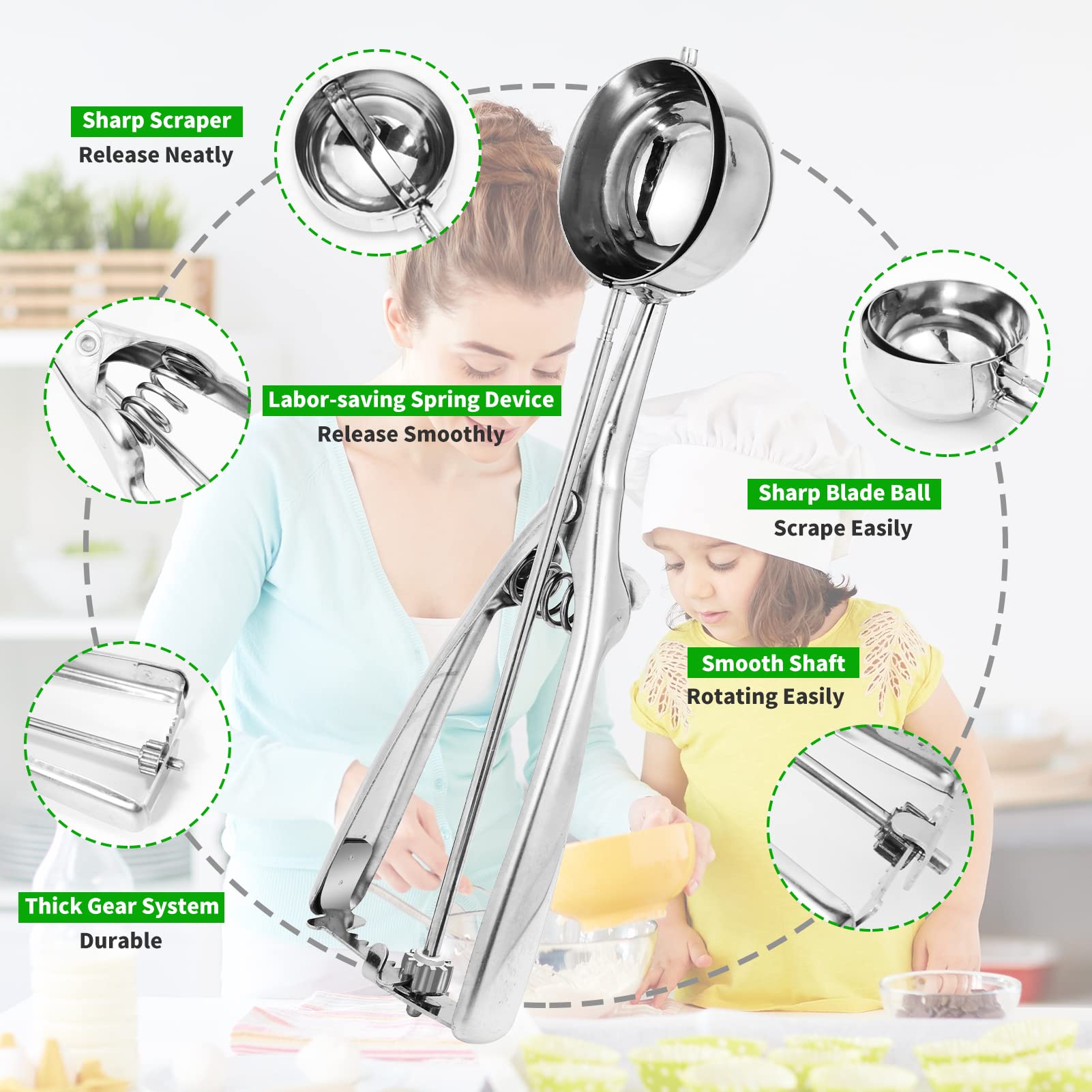 AOULELA 3PCS Ice Cream Scoop Set, Stainless Steel Cookie Scoops, Small/Medium/Large, Silver, Model ICS0103