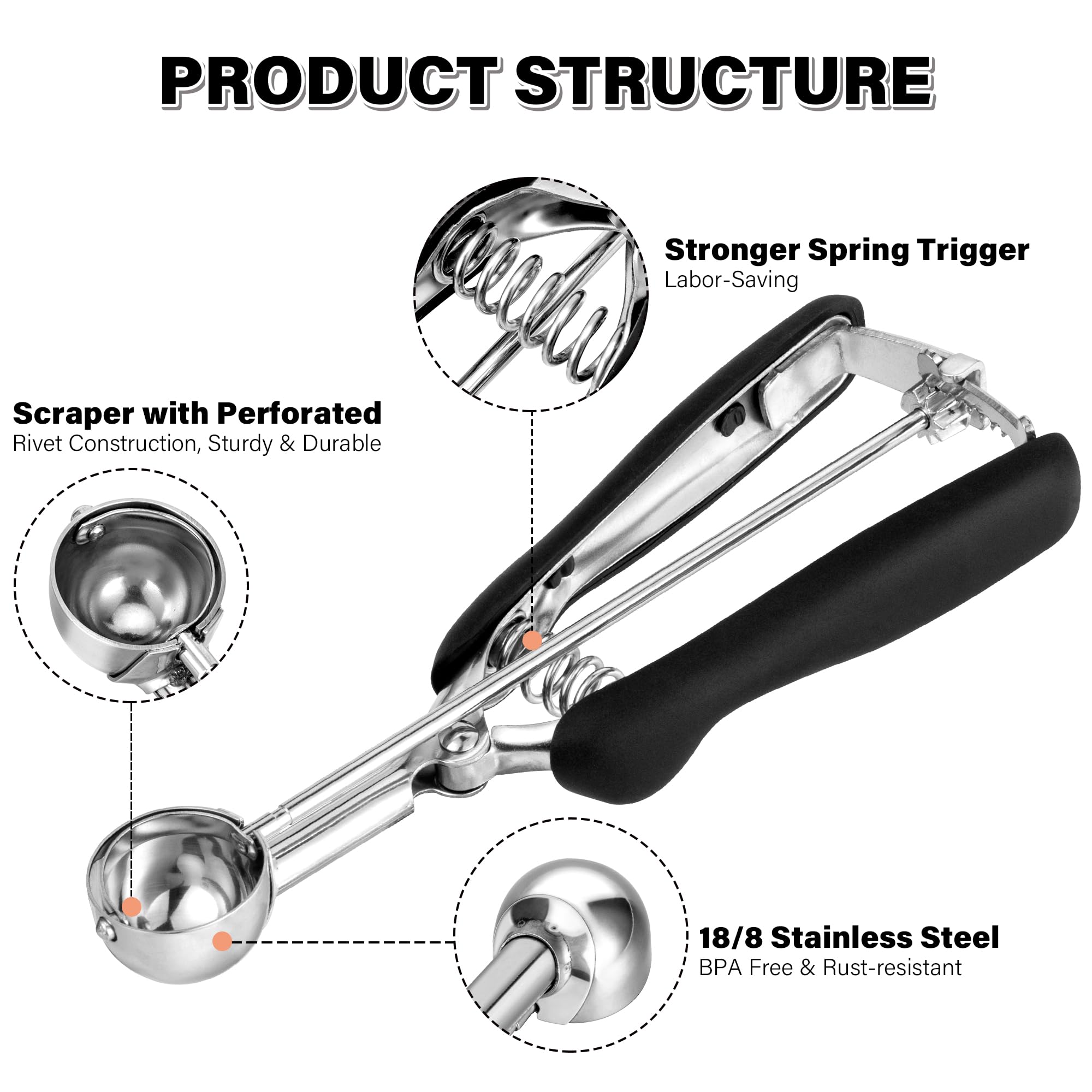 TJ POP Small Cookie Scoop - 2 tsp Professional Stainless Steel, 30 mm, Quick Trigger Release, Soft Grip, 7.87 x 2.83 x 1.18 inches