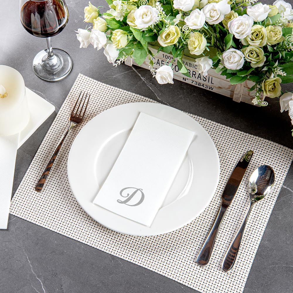 Luxenap 15.8 X 7.9 Inch Linen-Feel Guest Towels, 2000 Lettered Hand Towels - Silver Letter 'D', Cursive Font, White Paper Dinner