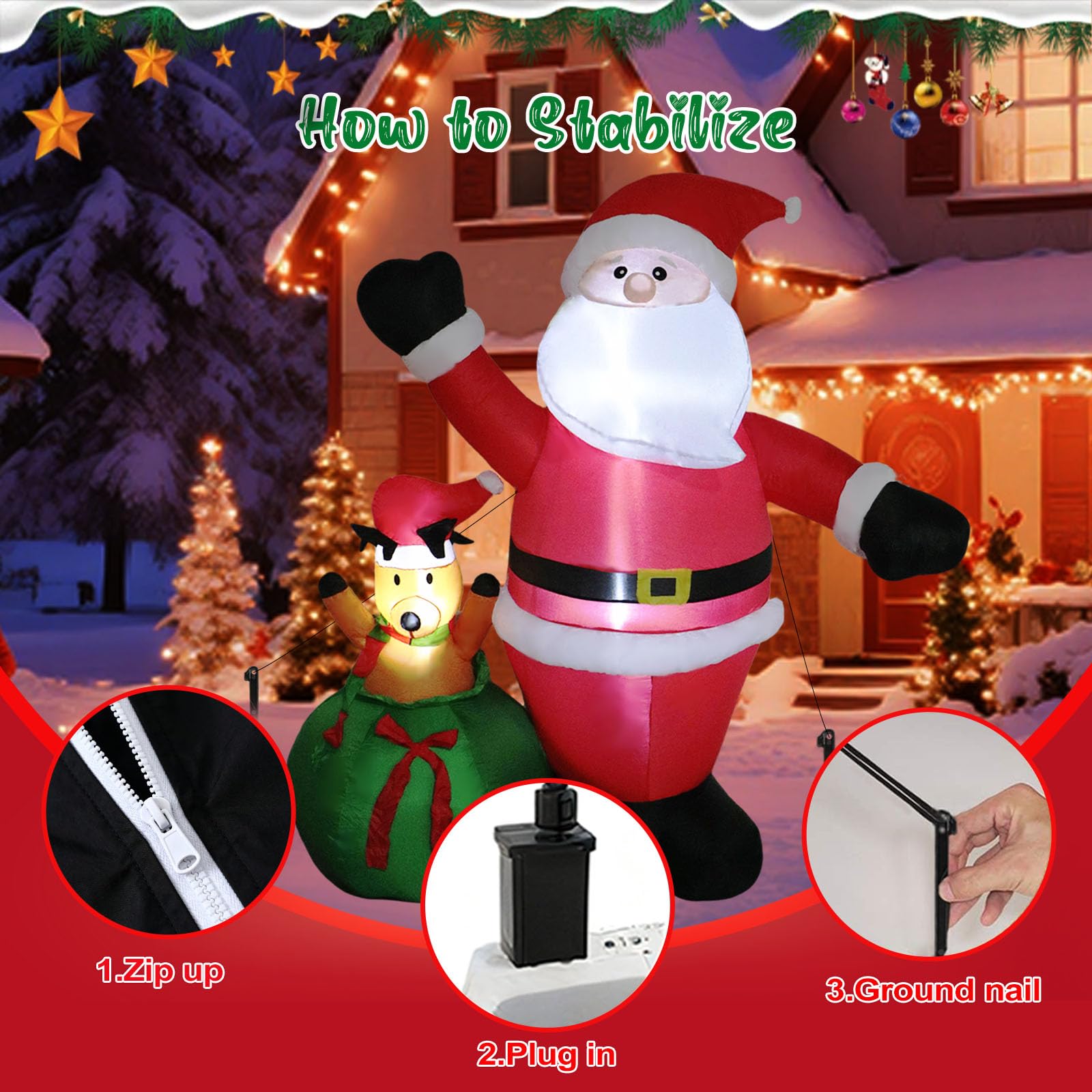 6 FT Christmas Inflatable Santa Claus+ Reindeer Peeking Out from Santas Sack- Lighted Blow Up Yard Decoration, Festive Outdoor H