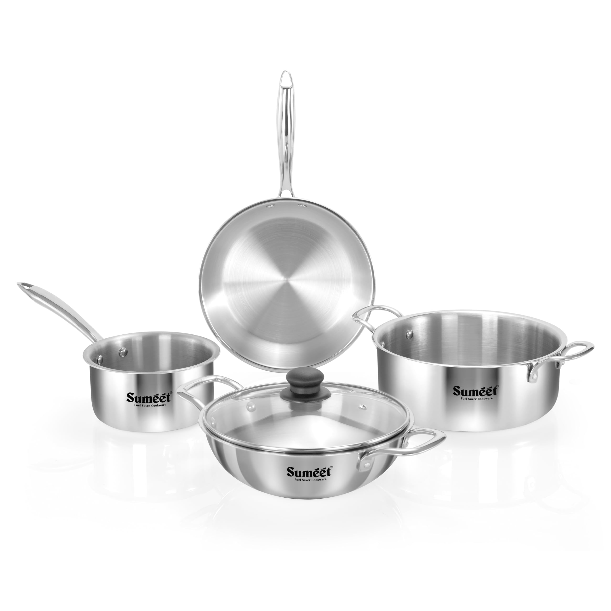 Sumeet Cook Smart Triply Stainless Steel 5Pc Induction Base Cookware Set Of Deep Kadai - 20Cm - 1.7L  Frypan - 20Cm - 1 Ltr  Saucepan - 14Cm  Casserole - 20Cm - 2.9Ltr & Glass Lid  Pack Of 5 - Silver