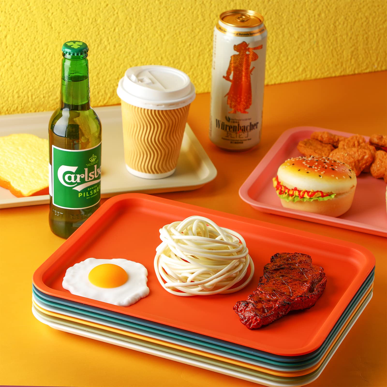 18 Pcs Plastic Fast Food Trays Bulk Colorful Restaurant Serving Trays Cafeteria Trays Grill Tray School Lunch Trays Rectangular