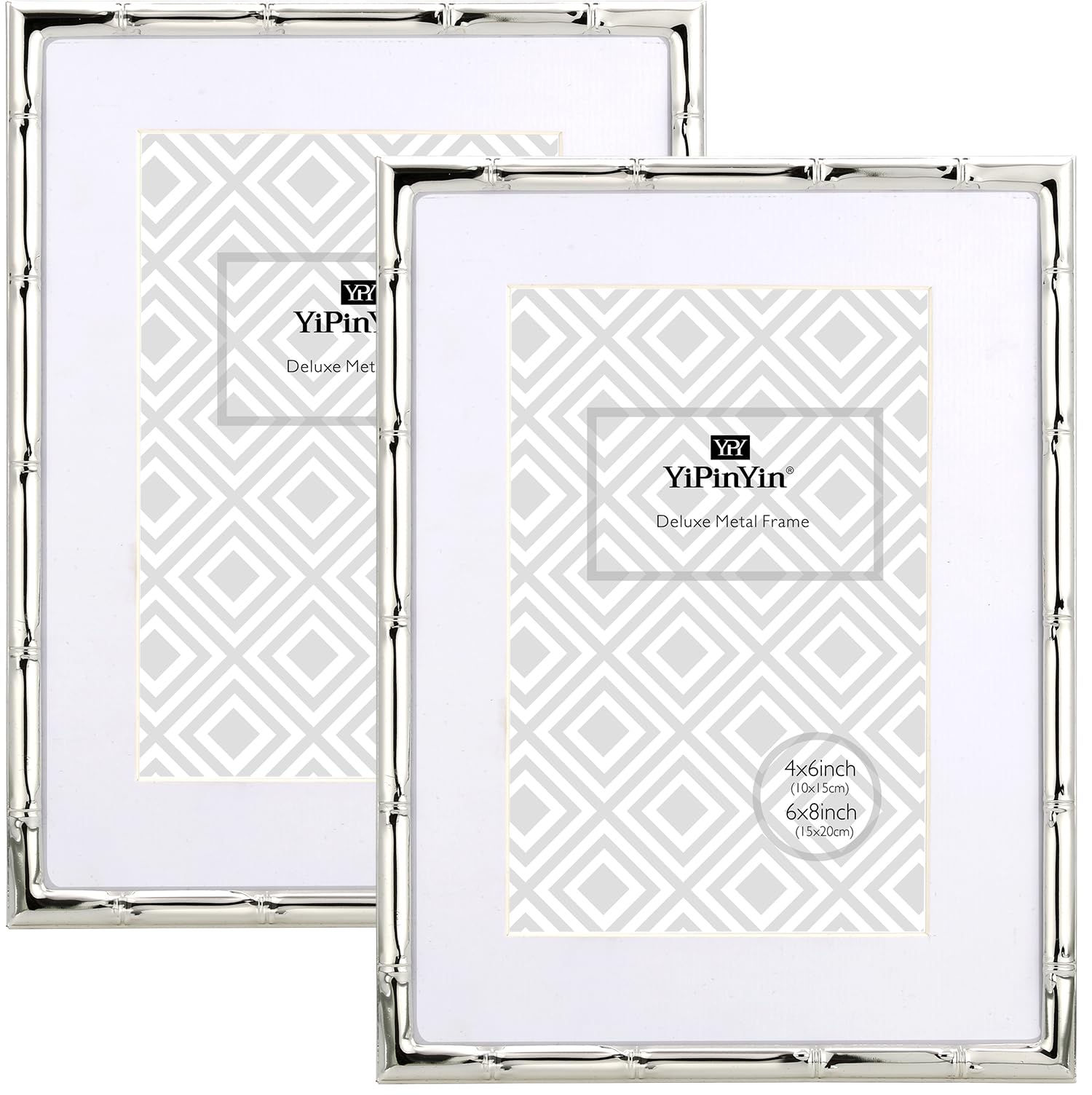 6x8 Bamboo Detail Designs Silver Metal Picture Frame 2pack, 6x8 Narrow Silver Plated Photo Frames With Mat for 4 x6, Frames