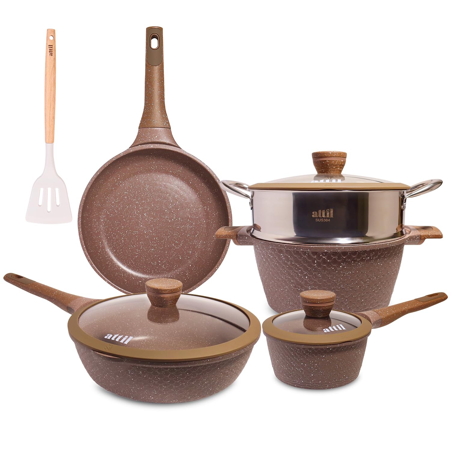 Attil - Aluminium - Non Stick 9 Pcs Cookware Set - Induction Cookware Set Of 4 (Frying Pan 24Cm, Wok Pan 28Cm, Handi & Steamer 2