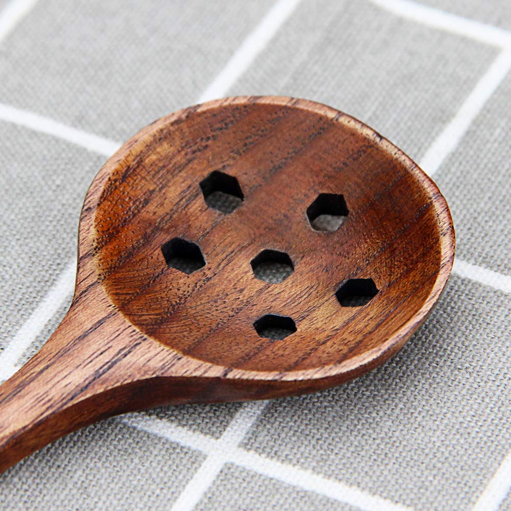 1 Pc Korean Style 10.9'' Long Handle Wooden Round Slotted Spoons For Jam Olive