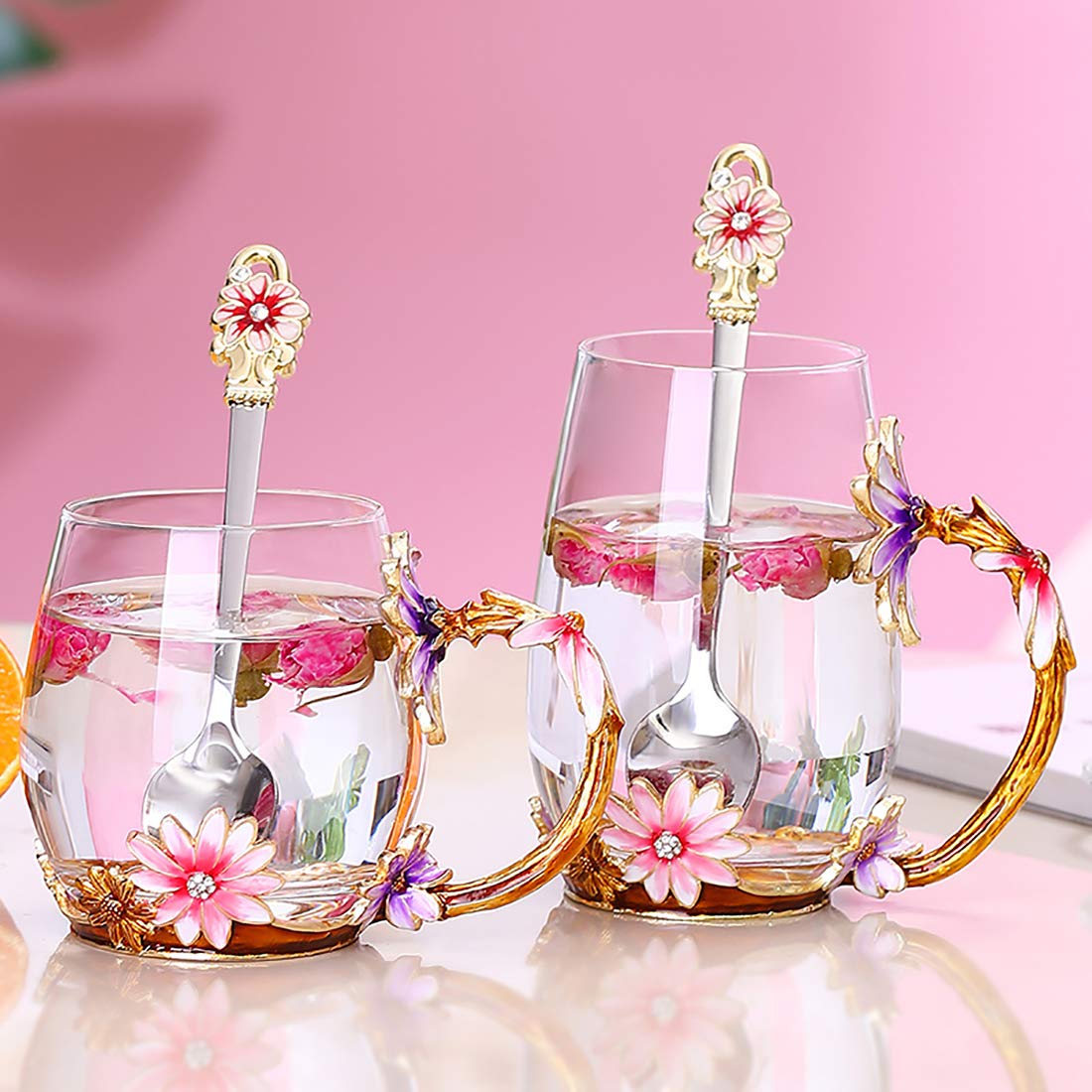 Evecase Daisy Flower Glass Mugs Tea Cup With Steel Spoon,Tea Lovers Gifts For Women,Wife,Mom,Female,Friends,Birthday,Mothers Day