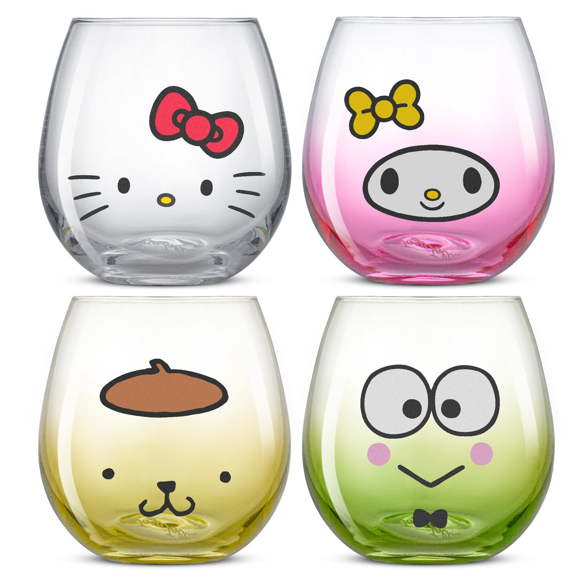 Joyjolt Sanrio Hello Kitty & Friends Hello Sippy Drinking Glasses, 15 Oz Stemless Glass Cups Set Of 4 Ft Hello Kitty Keroppi My