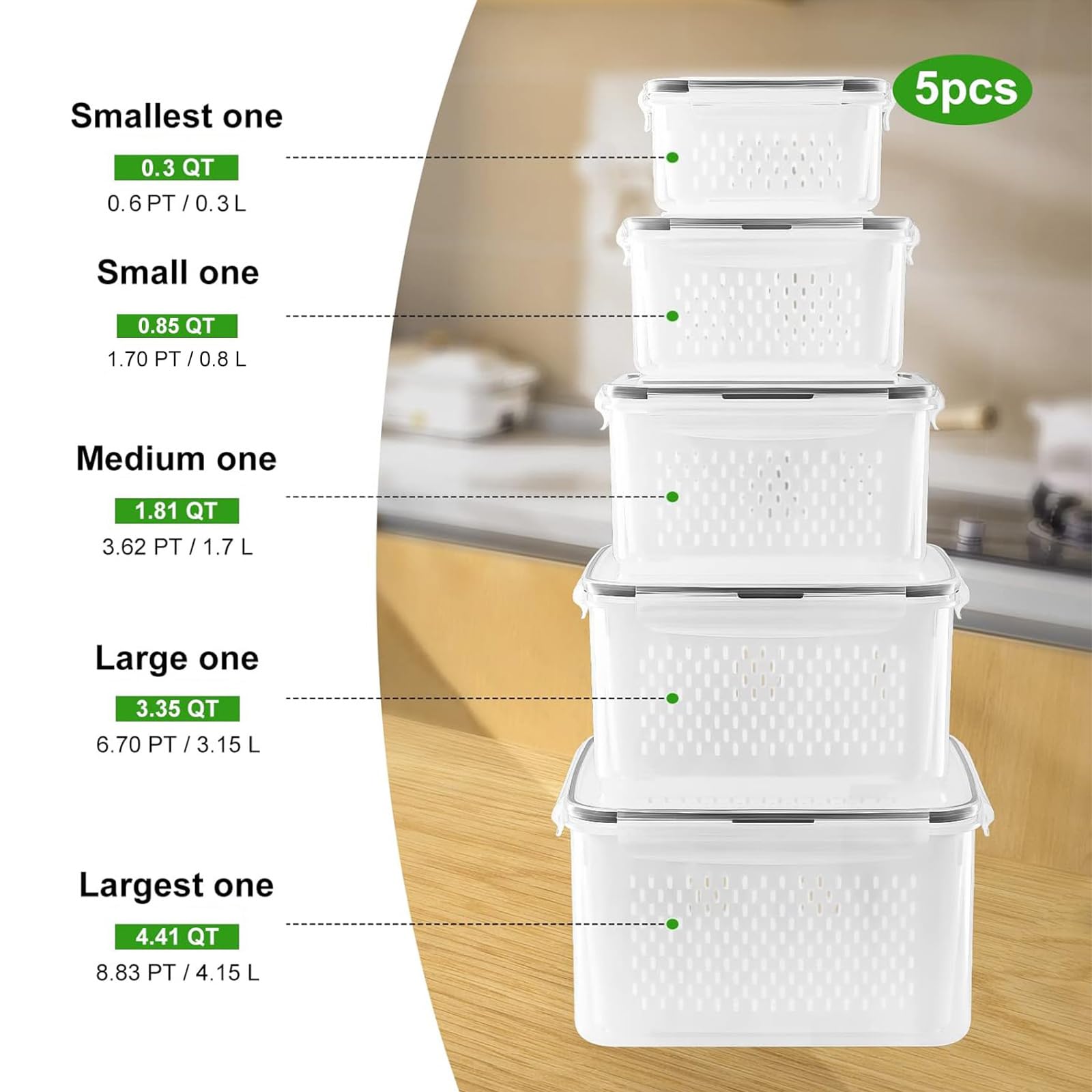 5 PCS Large Fruit Containers for Fridge - Leakproof Food Storage Containers with Removable Colander - Dishwasher & microwave safe Produce Containers Keep Fruits  Vegetables  Berry  Meat Fresh longer