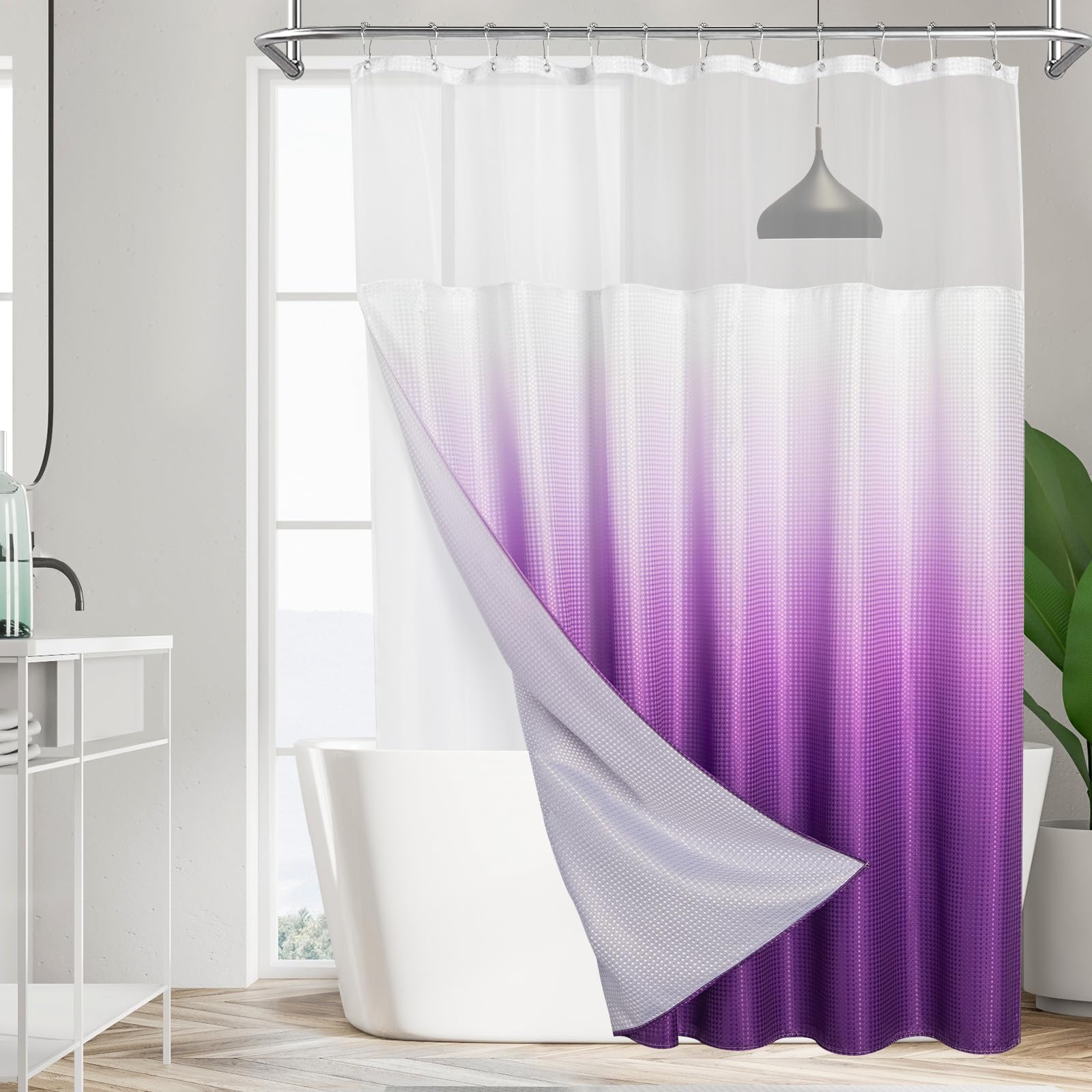 Mitovilla Purple Ombre Waffle Shower Curtain With Snap-In Liner, Modern Waffle Weave Fabric Shower Curtain, Luxury Heavy Cloth S