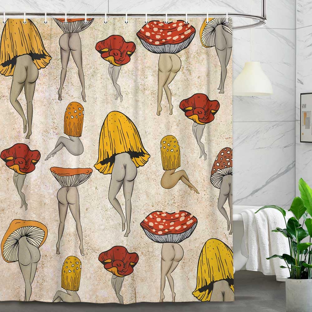 Lacoiime Funny Mushroom Shower Curtain, Retro Mushrooms Butt Shower Curtains For Bathroom Cute Fabric 70S Hippie Cottagecore Bat