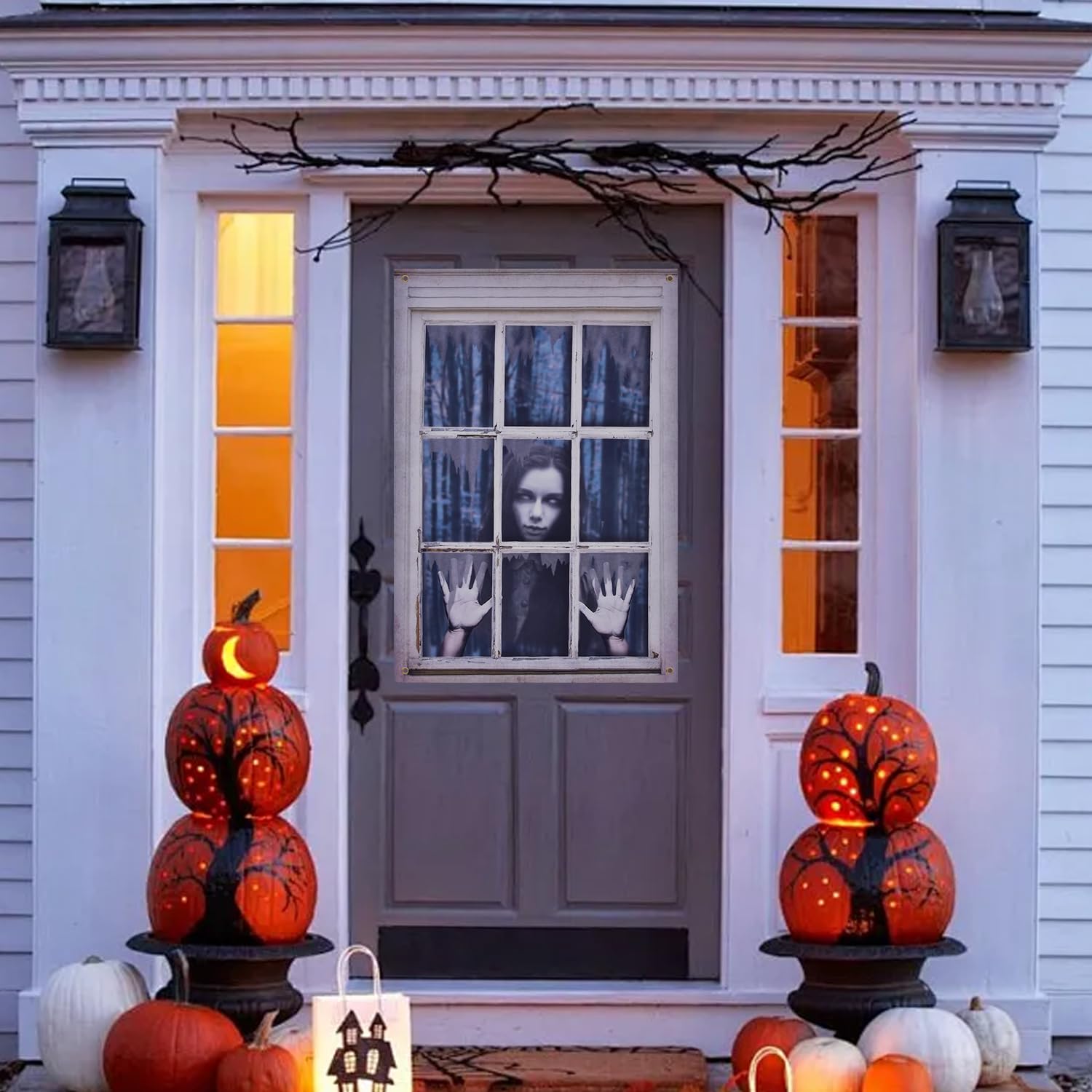 Ghost Halloween Decor - White Eyes Window Silhouette Curtains for Door, Wall - Scary Indoor/Outdoor Decor (Female Ghost)