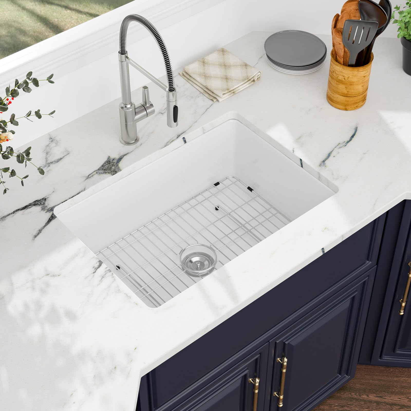 Kichae 27 Inch White Undermount Sink Fireclay 27x19 Inch Dual Drop in & Undermount Kitchen Sink Single Bowl Deep Porcelain Ceram