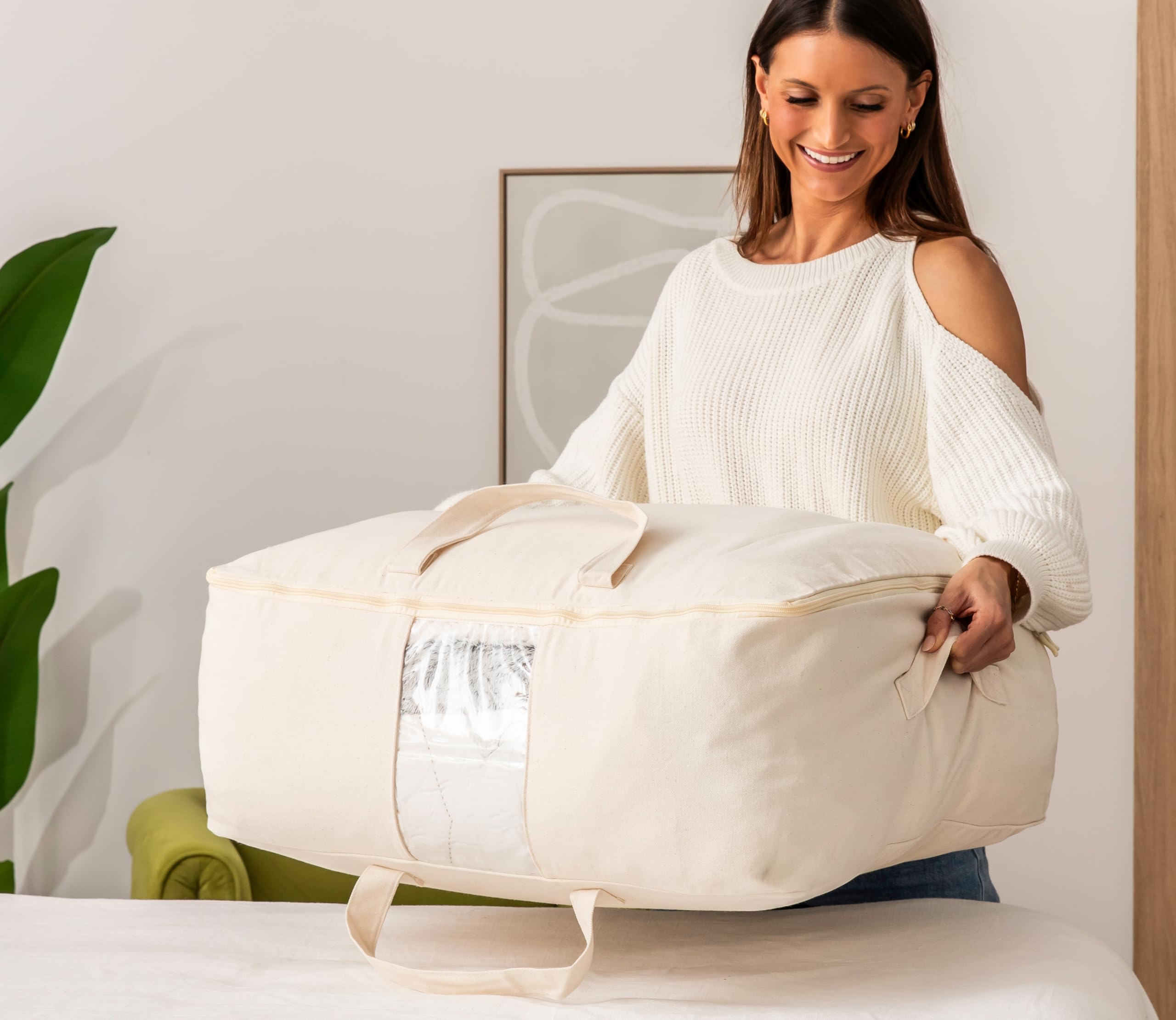 Soft Canvas Storage Bags with Zipper. Thick Breathable, 2pc King/Queen Comforter Organizer. Four Carrying Handles and Window. La