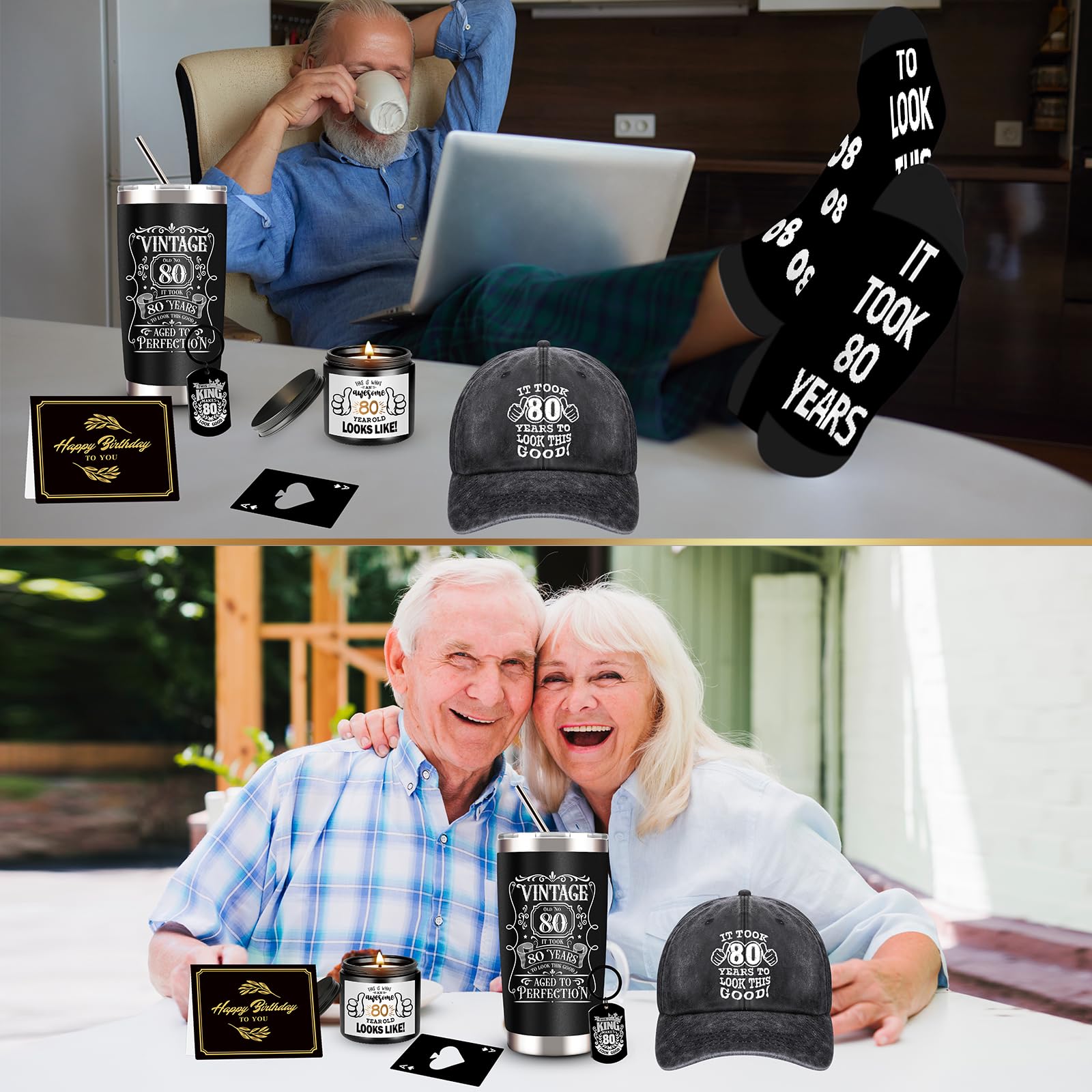 JTAMOHI 80th Birthday Gifts for Men, Unique 80 Year Old Birthday Gifts Box with 20 Oz Tumbler, Scented Candle, Socks, Baseball C
