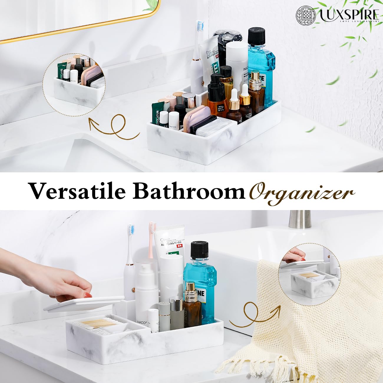 Luxspire Bathroom Counter Organizer, Marble Toothbrush Holder For Bathroom 6 Slot, Bathroom Vanity Organizer With Lid, Bathroom