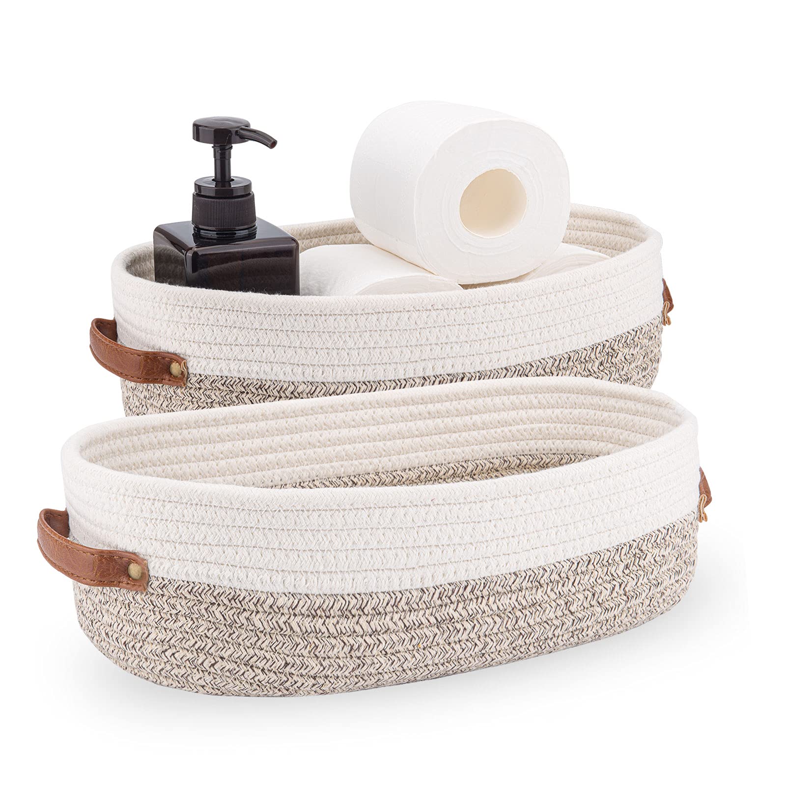 Oradrem 2 Pack Woven Storage Basket for Toilet Tank Top Farmhouse Home Decor Organizing Basket for Bathroom Table and Counter 13''x5.9''x4'' Apricot Stitching White