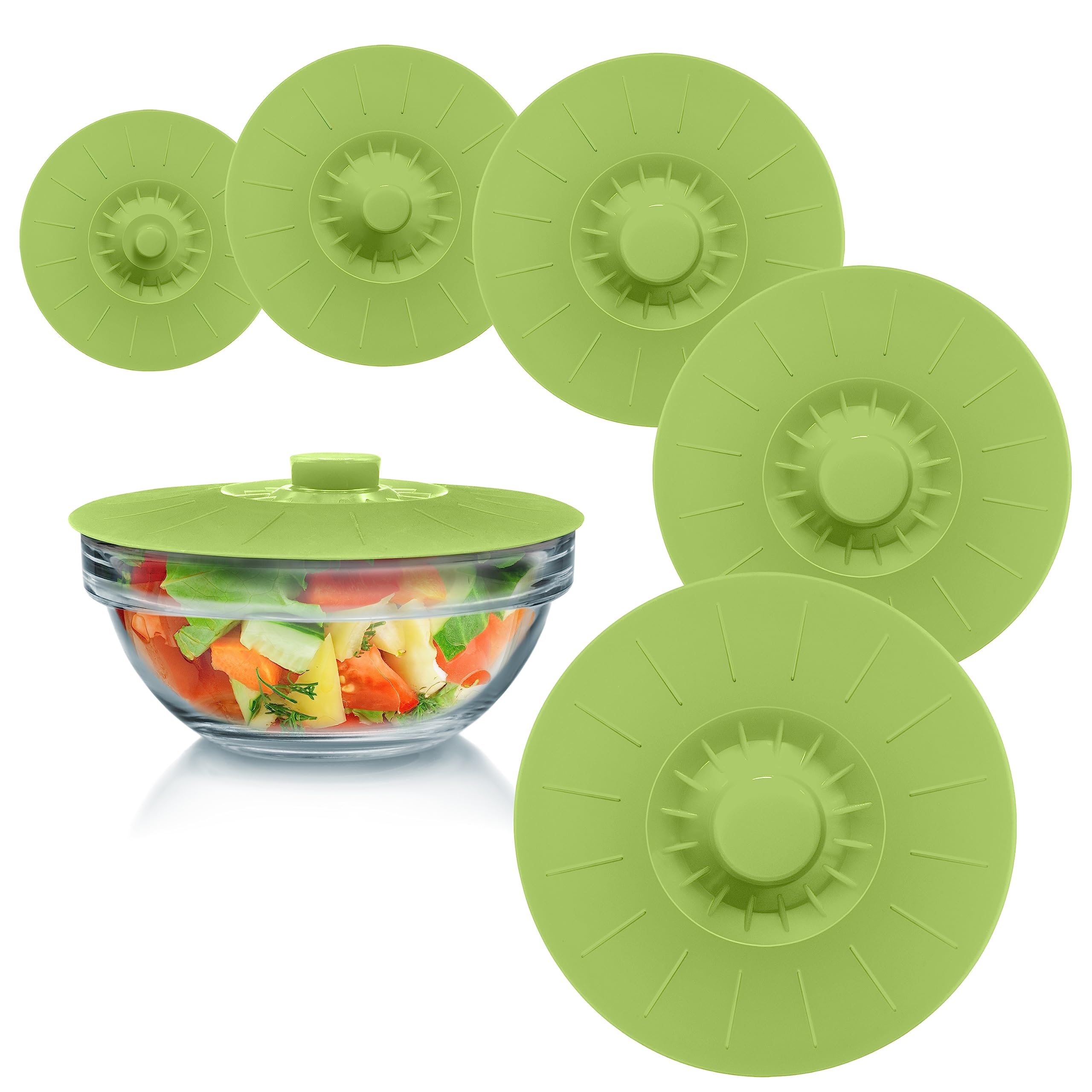 Silicone Bowl Lids Green Set of 5 Reusable Suction Seal Covers for Bowls, Pots, Cups. Food Safe. Natural grip, interlocking hand