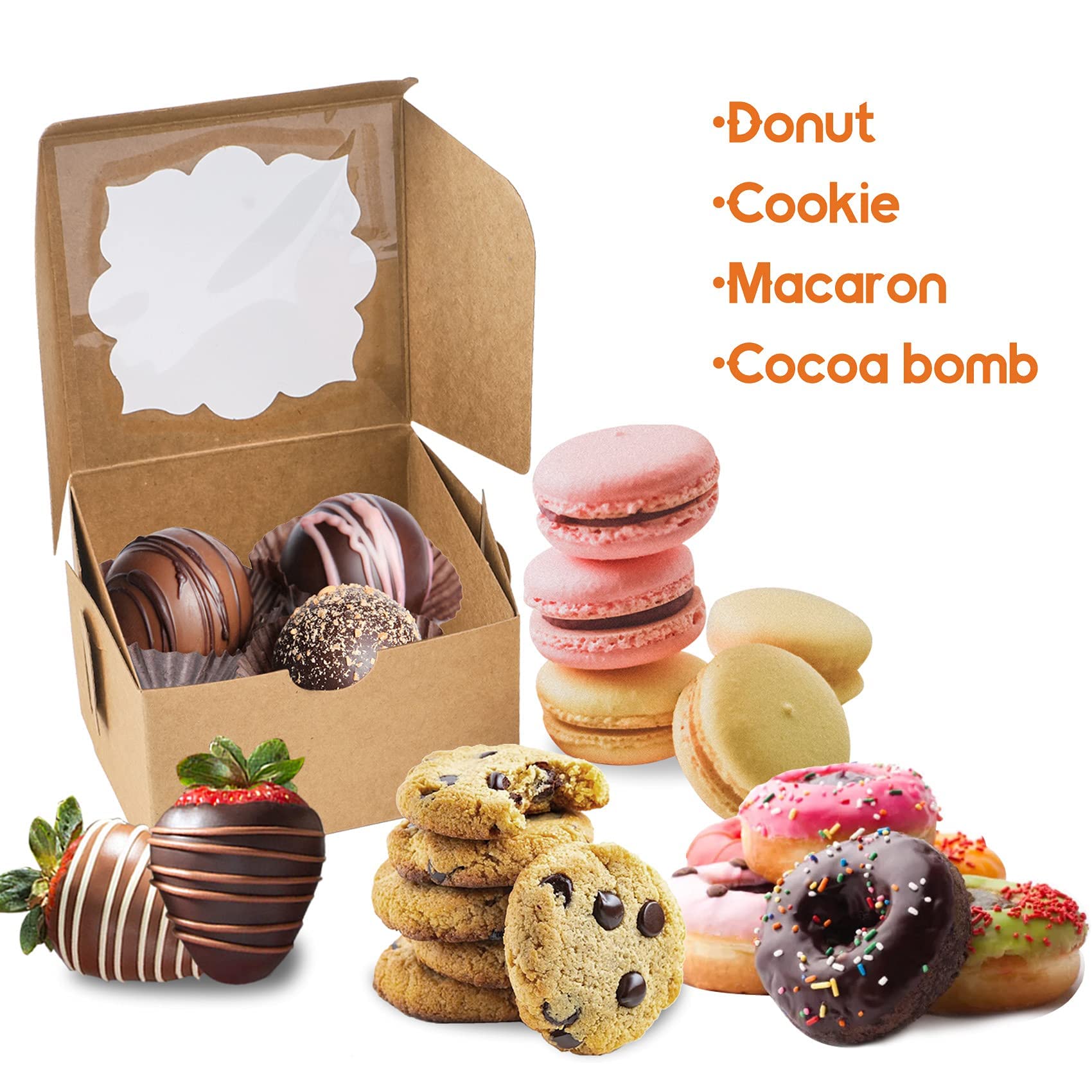Yunko 50 Pack Cookie Boxes 4X4X2.5 Inches Bakery Boxes Dessert Boxes With Window For Chocolate Strawberries Muffins Donuts (Brow