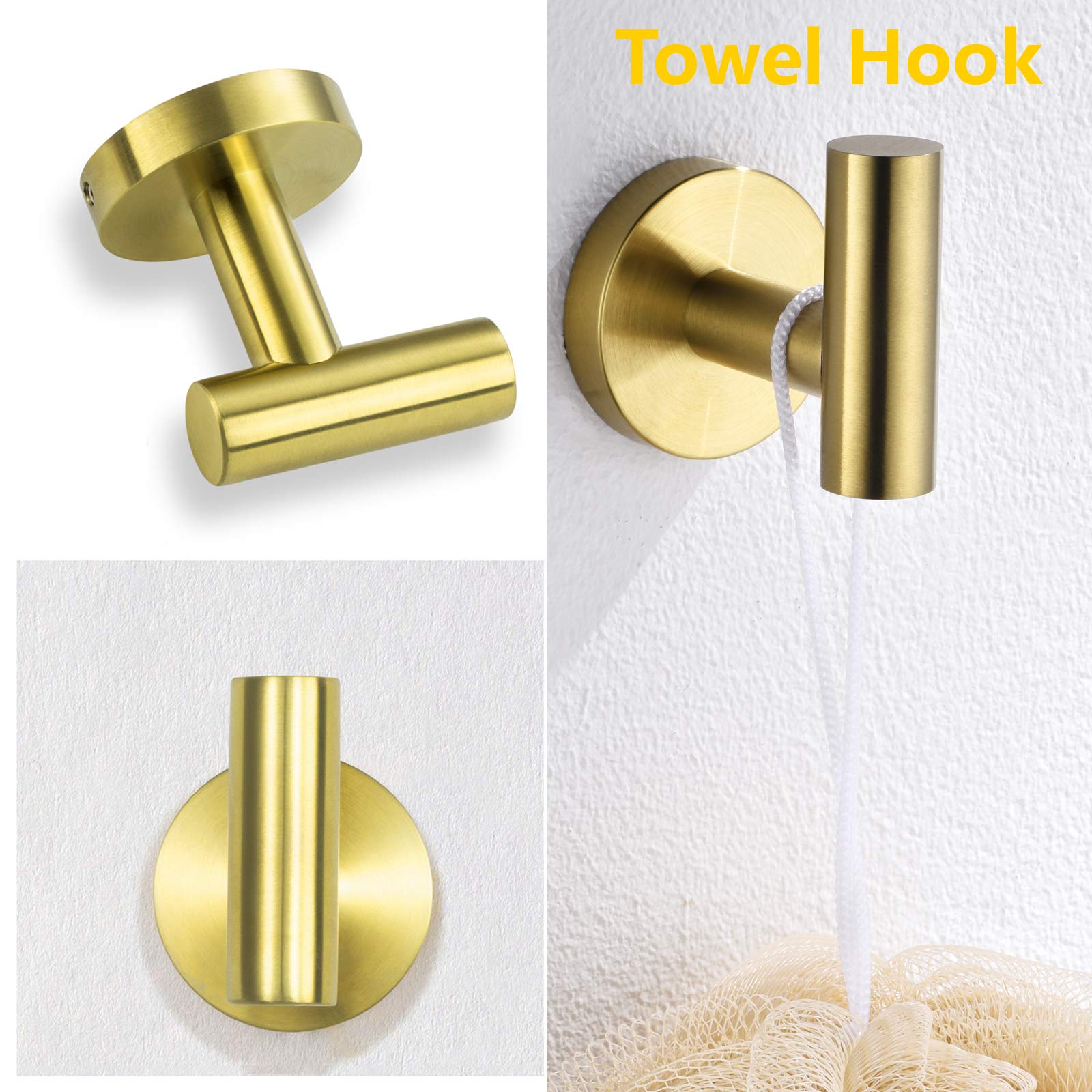 Nolimas 3-Pieces Brushed Gold Bathroom Hardware Set SUS304 Stainless Steel Round Wall Mounted Includes 12'' Hand Towel Bar Toilet Paper Holder Robe Towel Hooks Bathroom Accessories Kit