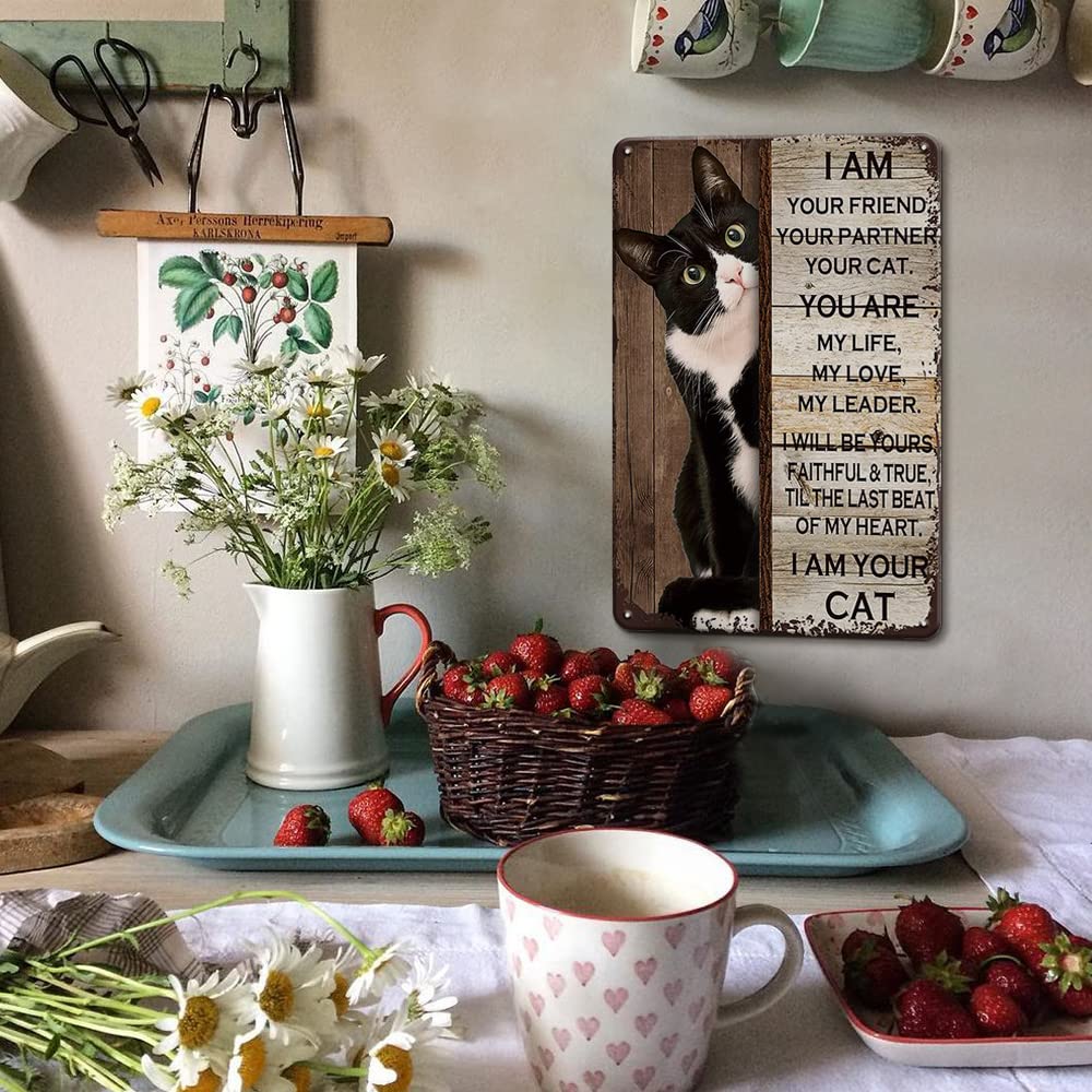 YOYI ART Tuxedo Cat Decor Sign - Vintage Metal Tin Wall Art, 8x12 inch, I Am Your Friend Cat Poster for Home and Cat Lovers
