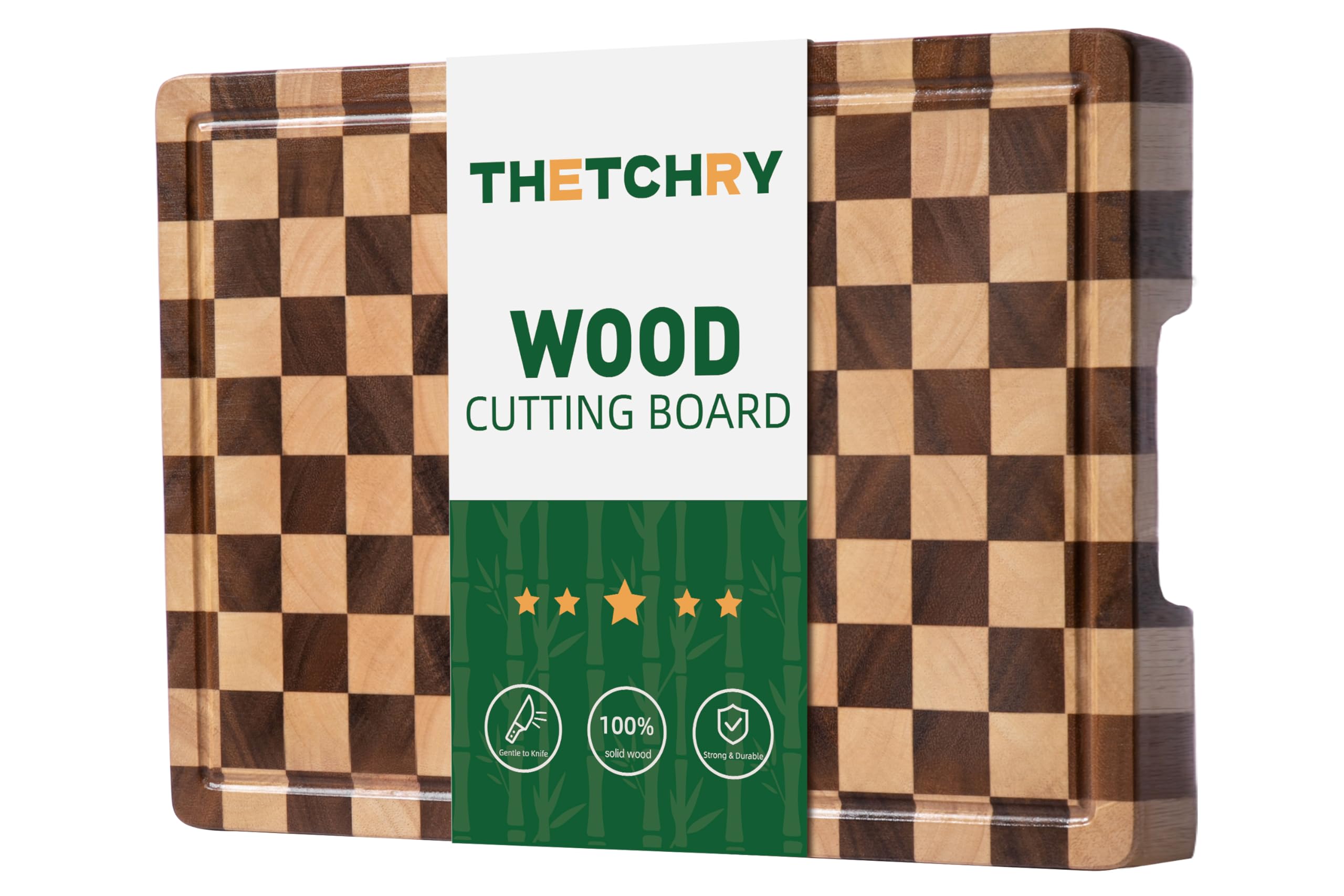 THETCHRY Cutting Boards for Kitchen, Extra Large Chopping Board for Stovetop, Checkered Acacia Wood Cutting Board with Juice Gro