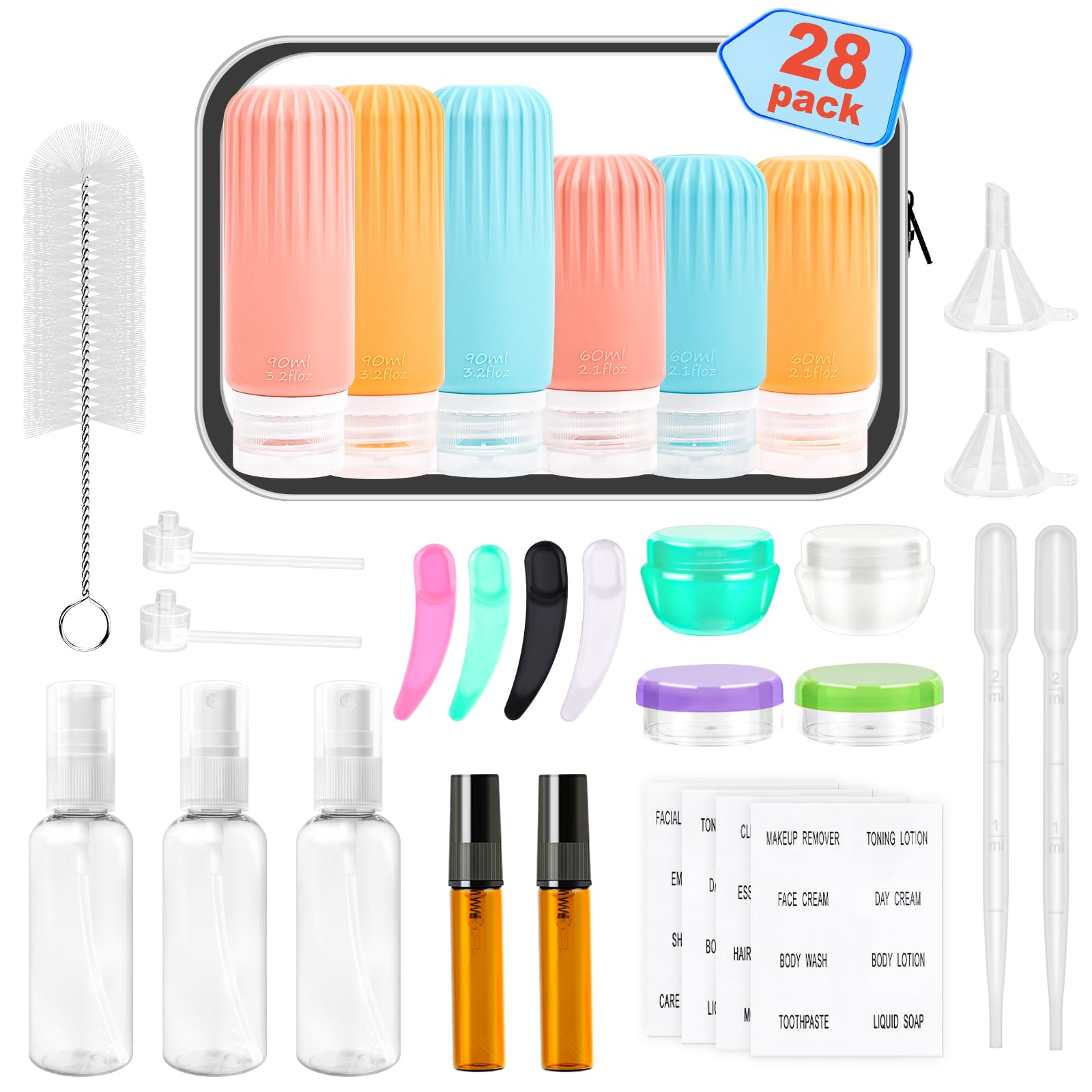 28 Pack Travel Bottles Set For Toiletries, Leak Proof Tsa Approved Travel Size Containers Squeezable Silicone Travel Essentials