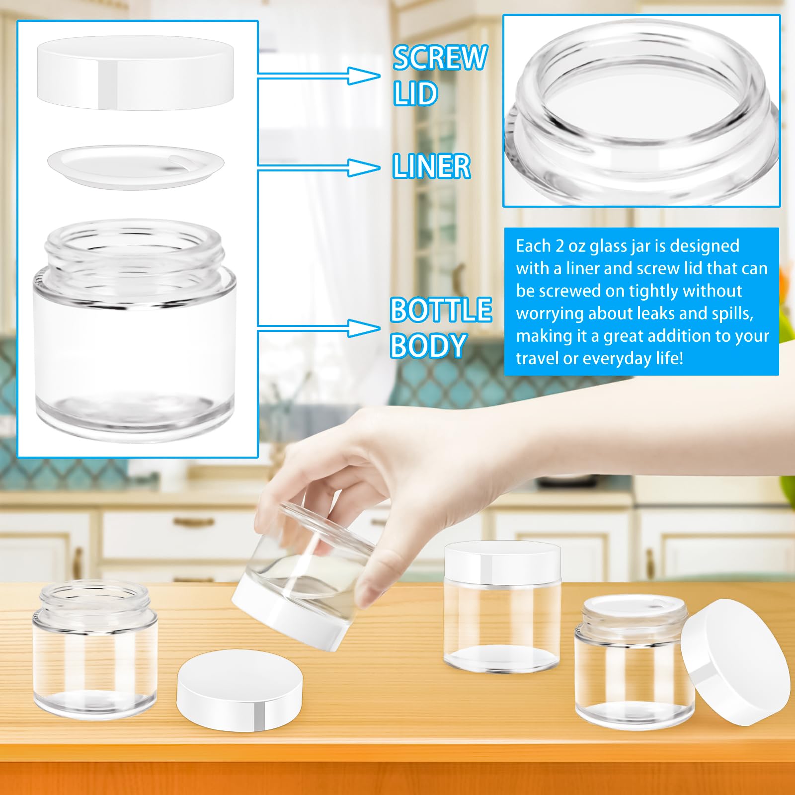 Motbach 4 Pack 2Oz Glass Jars With Lids,Small Glass Jars With Lids And Inner Liners,60Ml Empty Glass Jars Travel Toiletries Cosm
