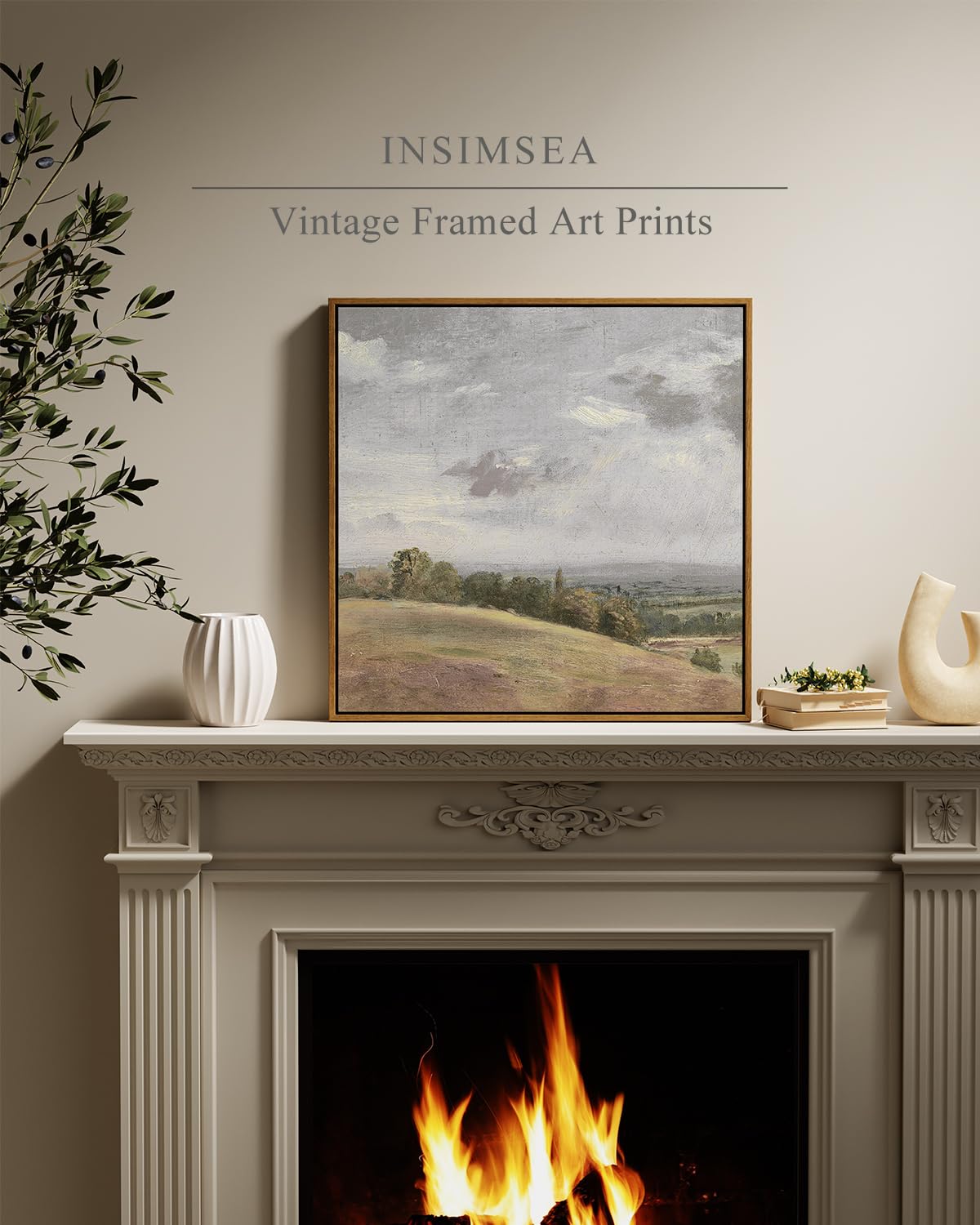 Insimsea Square Framed Canvas Wall Art, Farmhouse Nature Scenery Sky Clouds Valley Grassland Wall Art Prints, Classical Retro Pa
