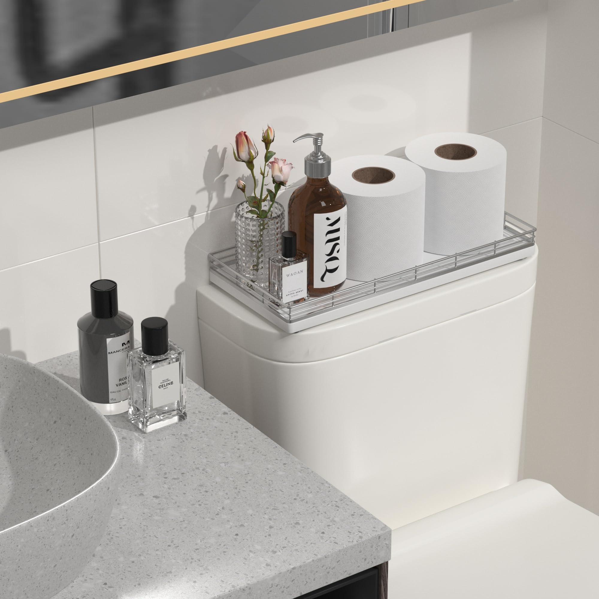 Focusonit Oak Bathroom Toilet Tank Tray, 13'' Wood Back Of Toilet Paper Basket Tank Topper Storage, Vanity Tray For Perfume Make