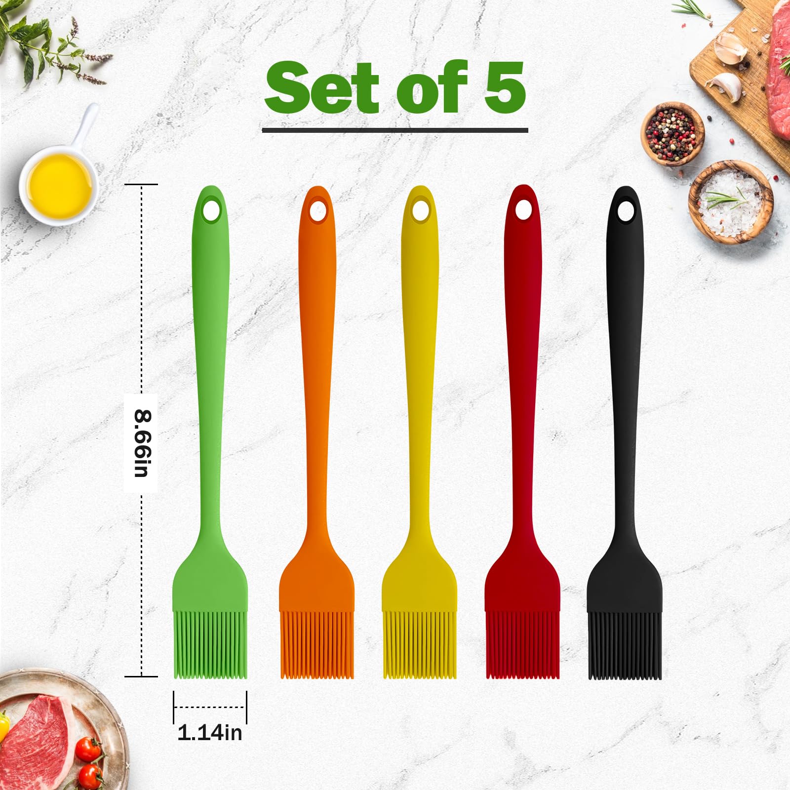 Craebuer Silicone Basting Pastry Brush, 5 Pack Heat Resistant Cooking Brush For Oil Butter Sauce, Food Brush For Bbq Grill Barbe