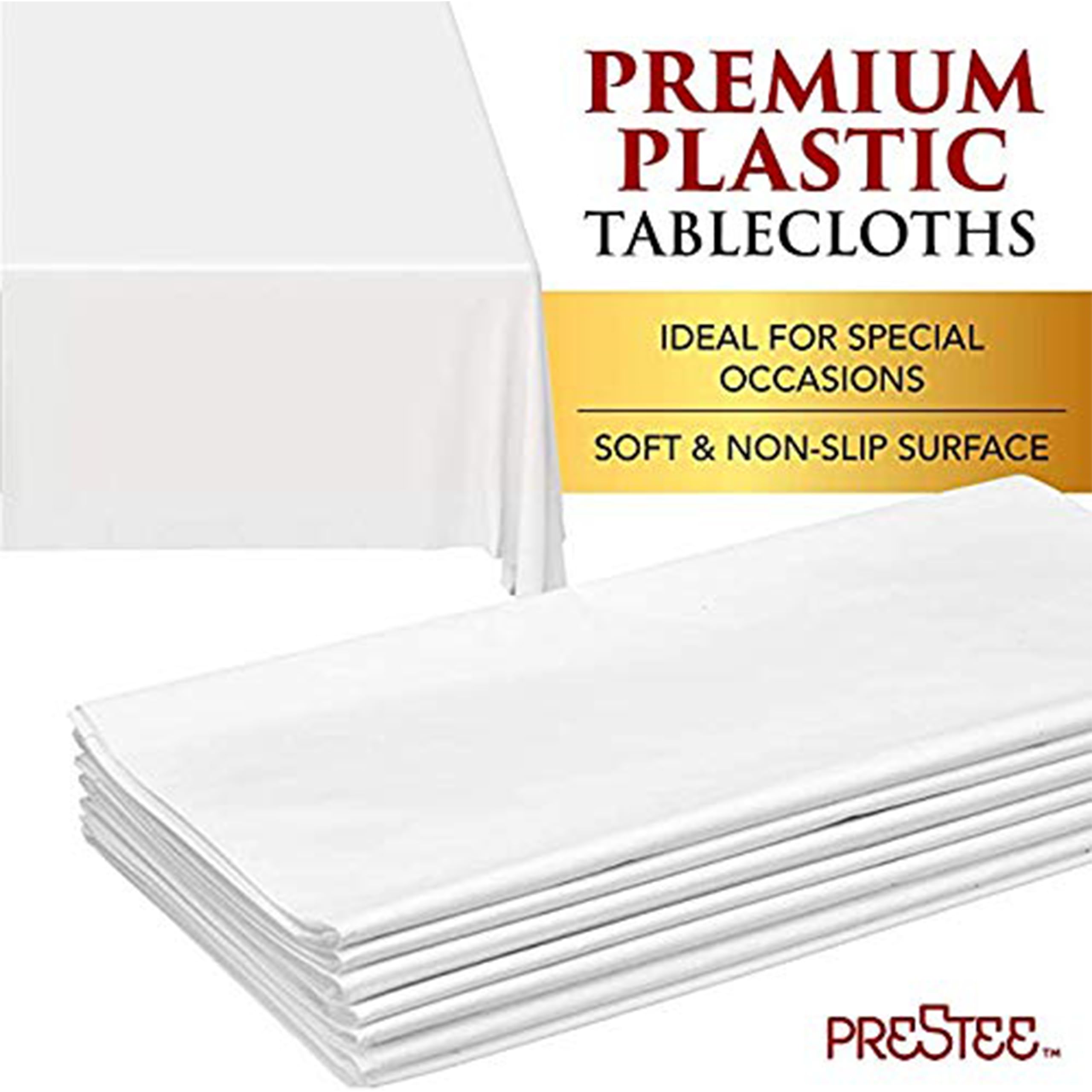 Prestee 48 White Plastic Tablecloth - 108 X 54 Plastic Table Cloths - Disposable Tablecloths, White Tablecloths, Plastic Table C