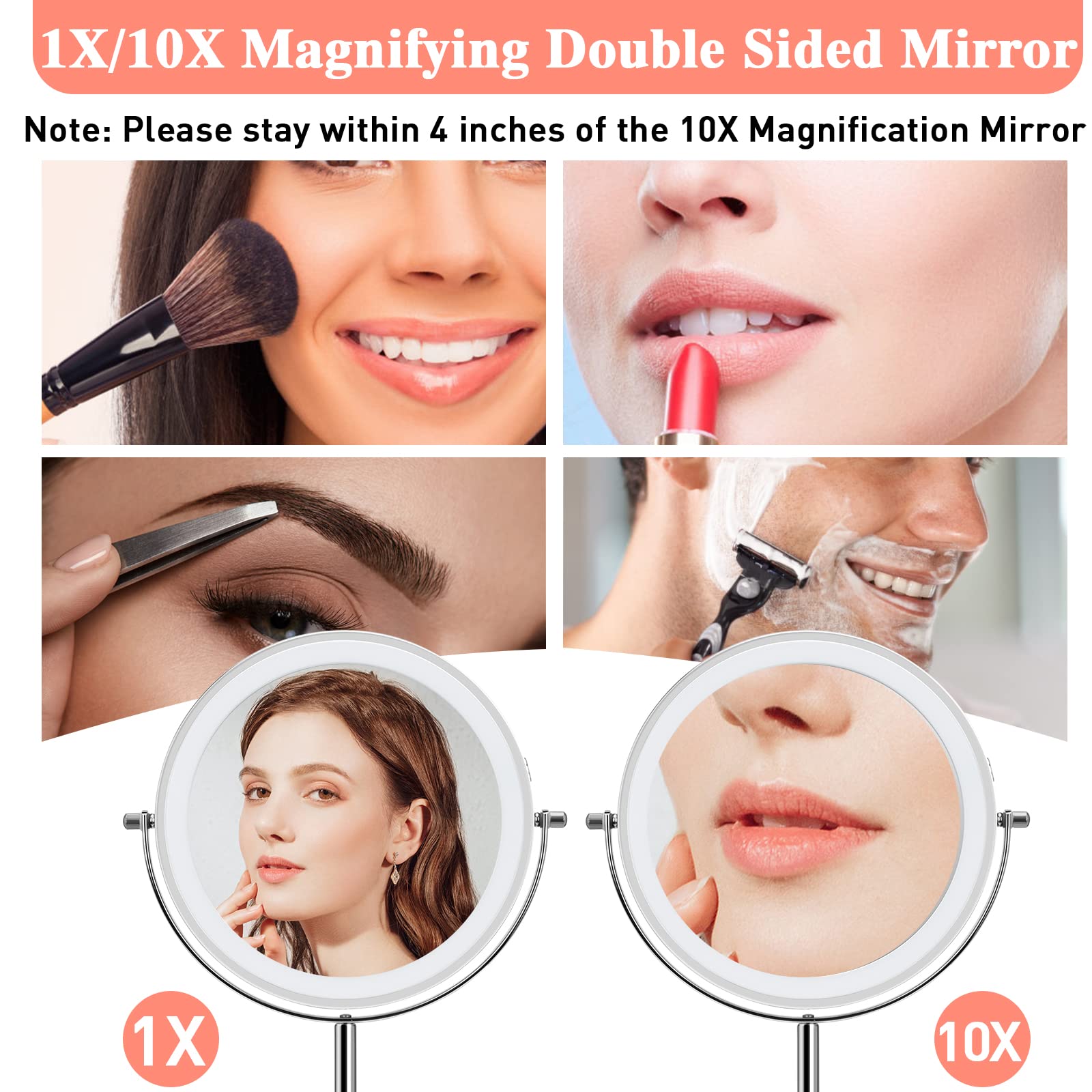Kumers Lighted Makeup Mirror With Magnification, 10X 8Rechargeable Double Sided Vanity Mirror With Lights Magnifying Makeup Mirr