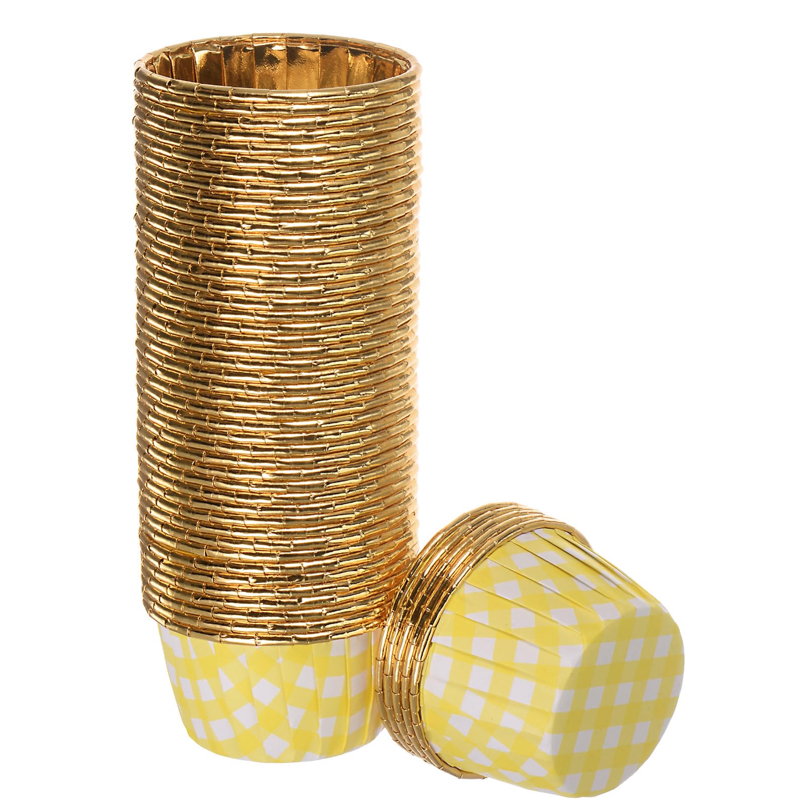 HARFINGTON Gold Yellow Plaid Cupcake Cups, 50pcs Aluminum Foil 3.5oz Standard Cupcake Liners Cupcake Baking Cups for Birthday Pa