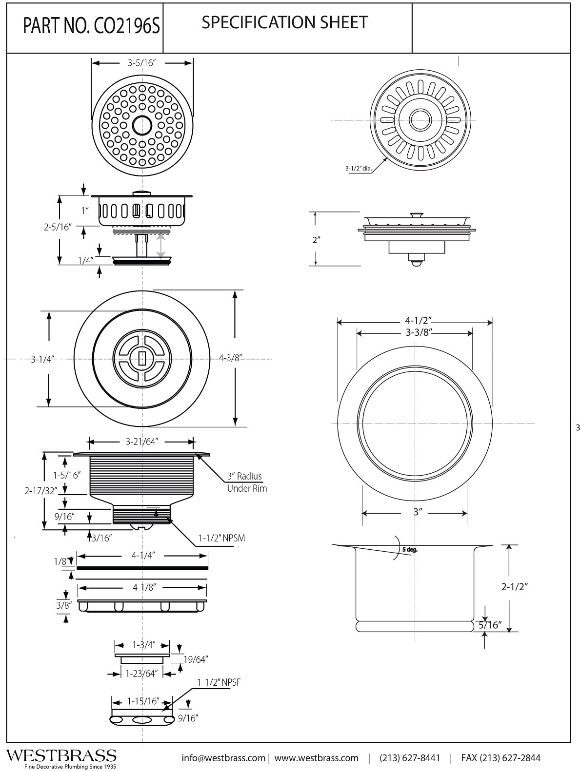 Westbrass Co2196S-12 Combo Pack 3-1/2'' Post Style Large Basket Extra-Deep Collar Kitchen Sink Waste Disposal Flange With Strain