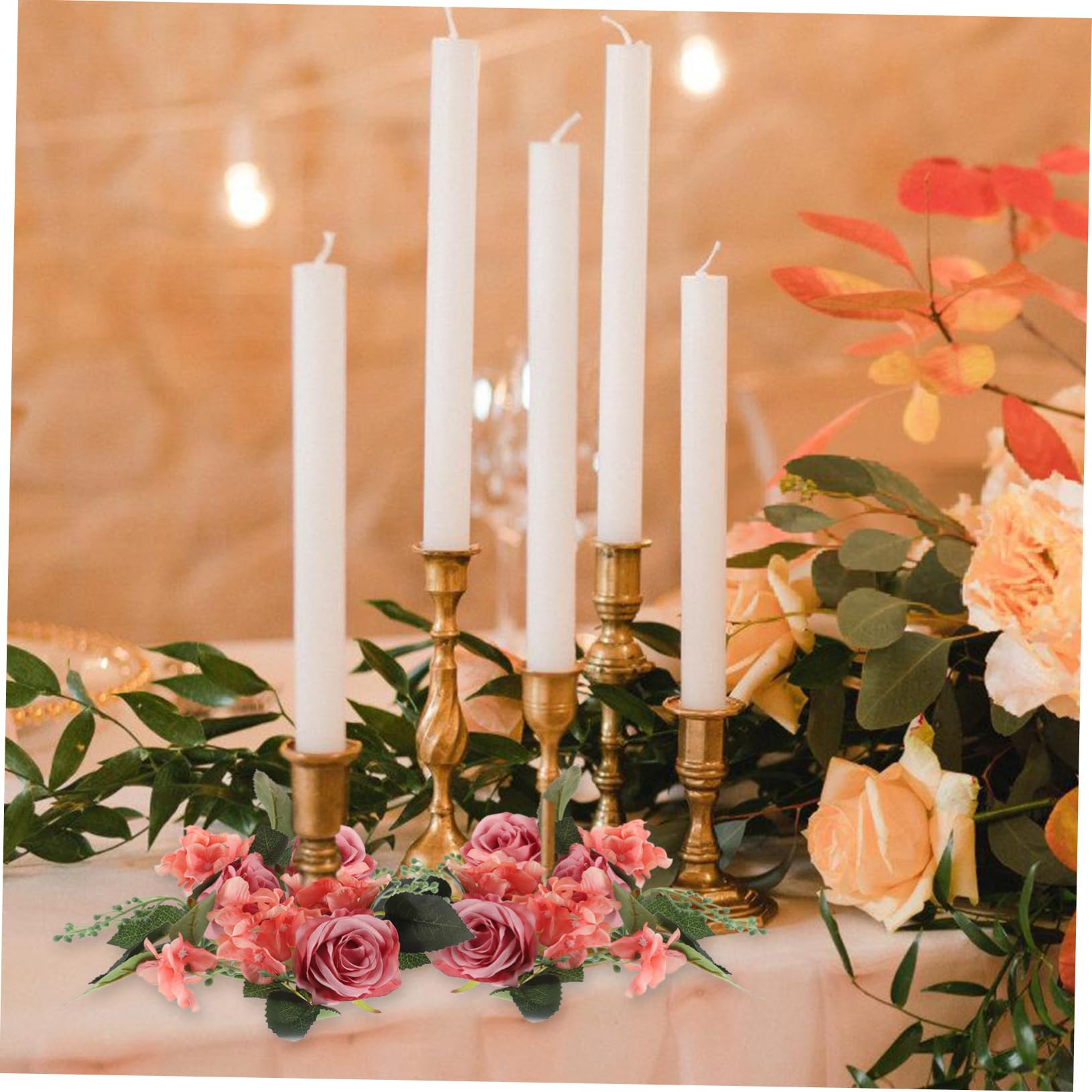 Artificial Rose Candle Rings Floral Wreaths with Leaves Greenery Garland Candle Wreath for Pillar Candle Lantern Wedding Centerp