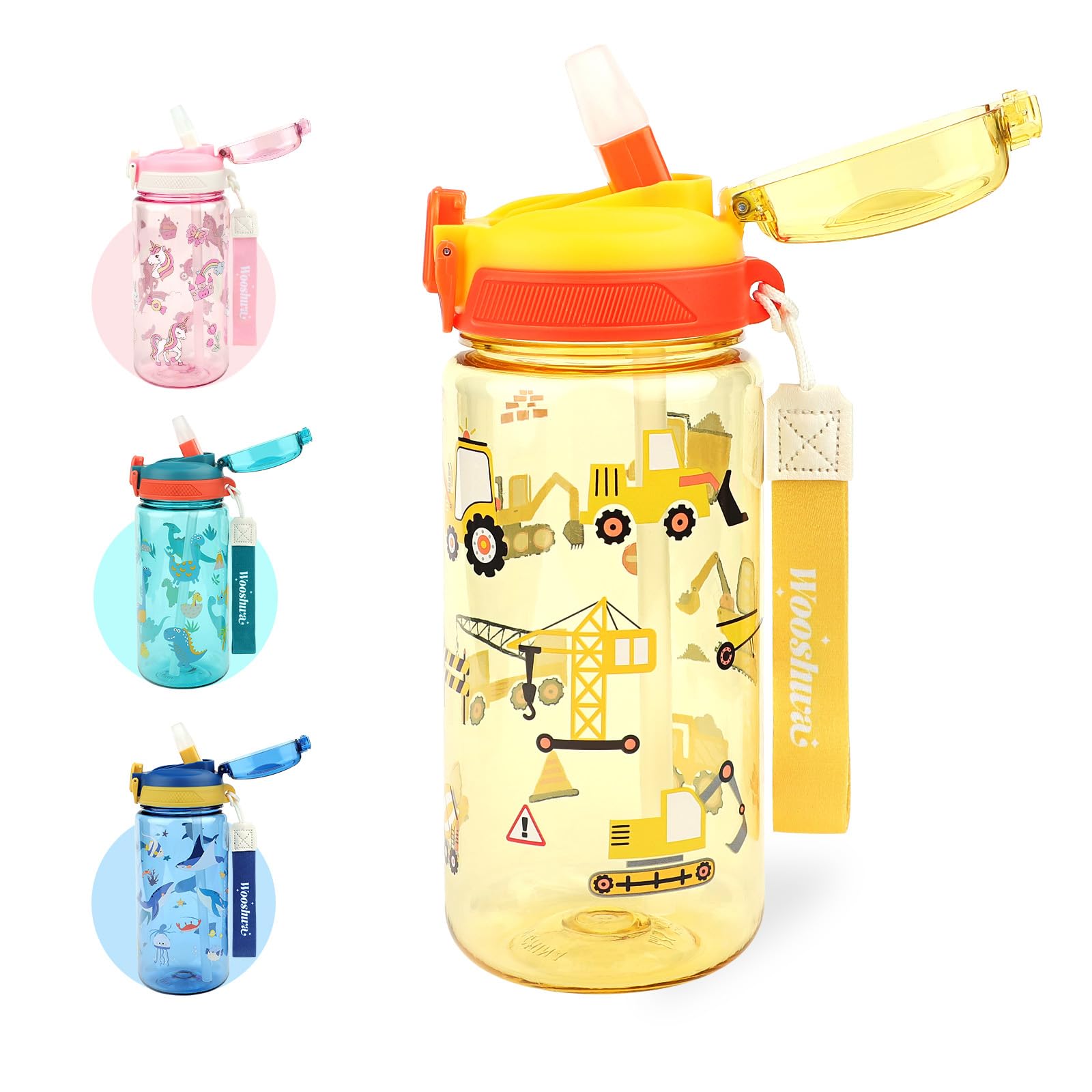 wooshwa Kids Water Bottle for School or Travel, 20 Oz Durable Plastic Water Bottle with Silicone Straw and Pop-Up Spout Cover, B