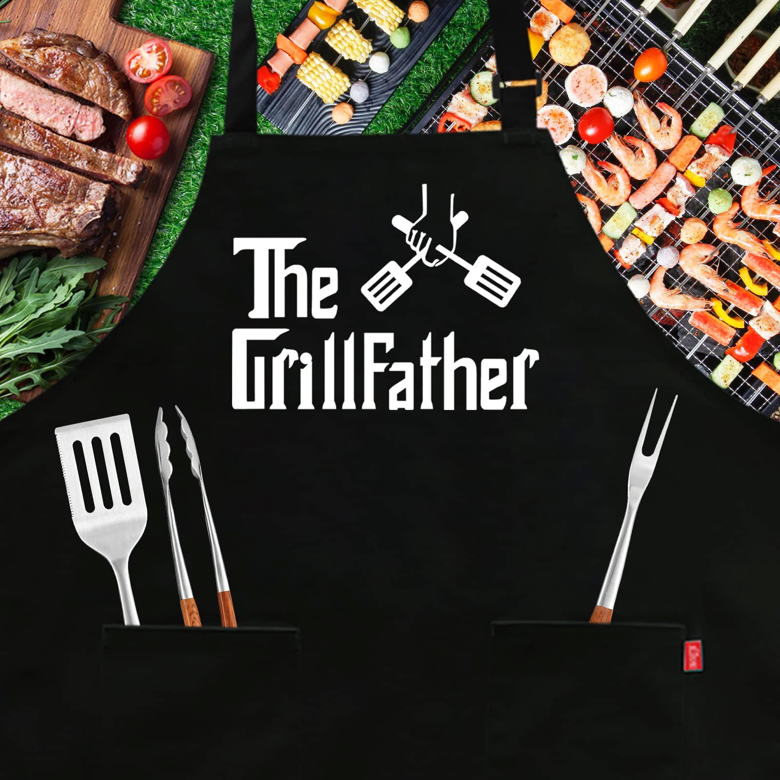 Alipobo Grill Aprons For Men Dad - The Grill Father Apron - Funny Kitchen Chef Cooking Grilling Bbq Apron With 2 Pockets - Birth