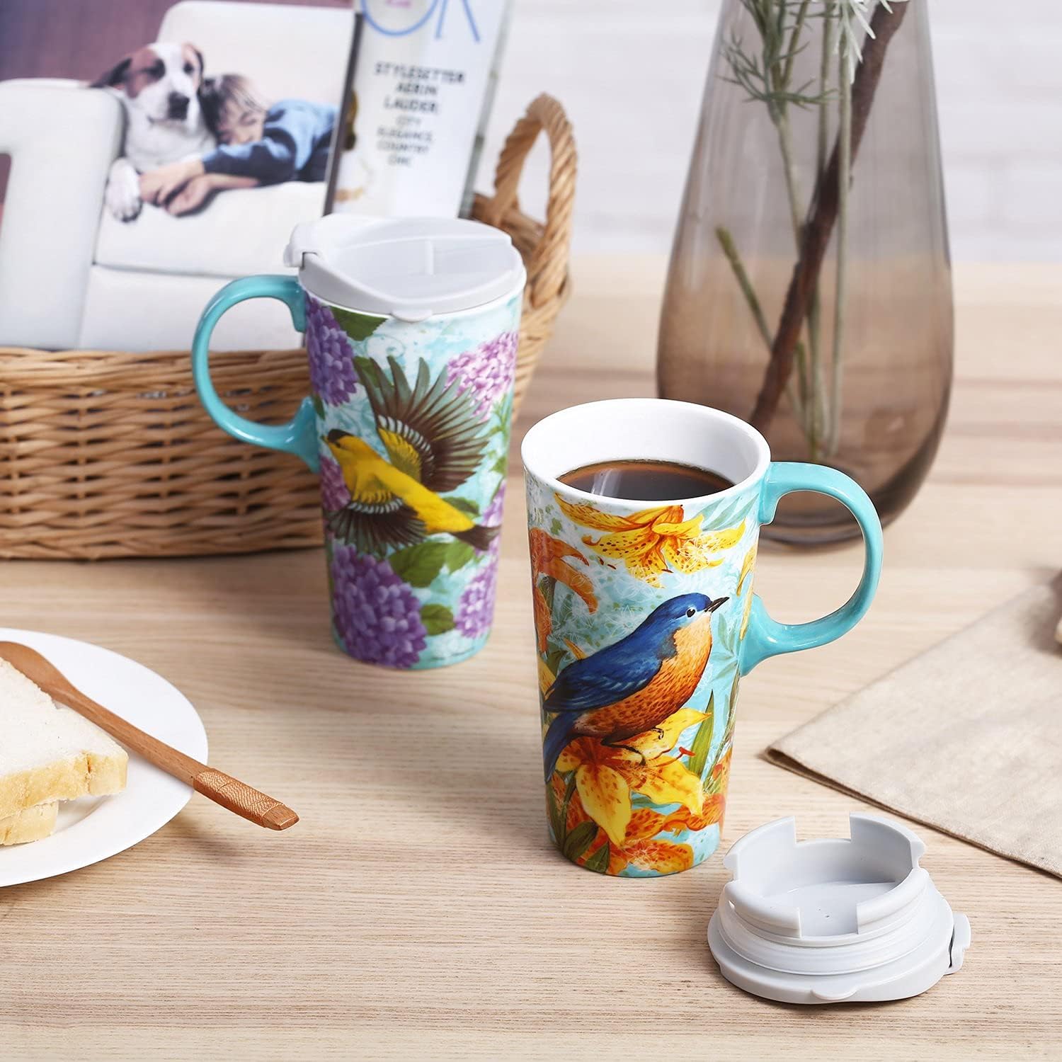 Tzssp Ceramic Mug Coffee Porcelain Latte Tea Cup 17Oz. Humming Bird