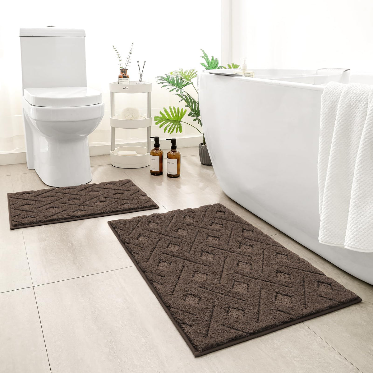 Homeideas Bathroom Rugs Sets 2 Piece, Extra Soft Shaggy Absorbent Non Slip Machine Washable Grid Bath Mat For Floor, Tub And Sho