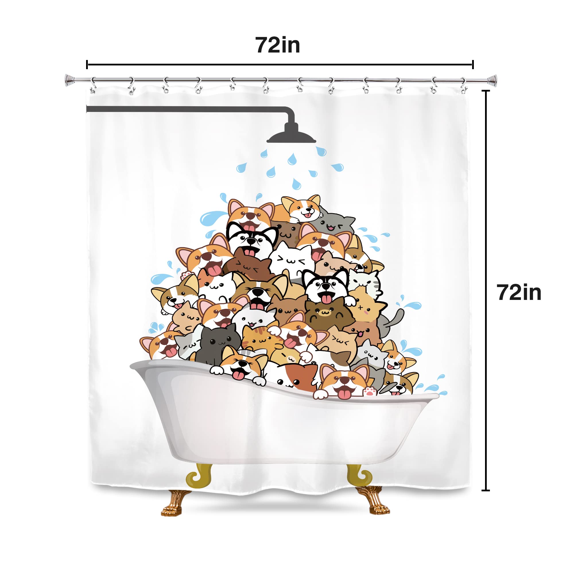 SVBright Cats and Dogs?hower Curtain Raining Kids Cartoon Corgi Cute Animal 72Wx72L Inch Hilarious Pets Playing Water?2 Pack Hooks Polyester Waterproof Fabric Bathroom Bathtub Panels