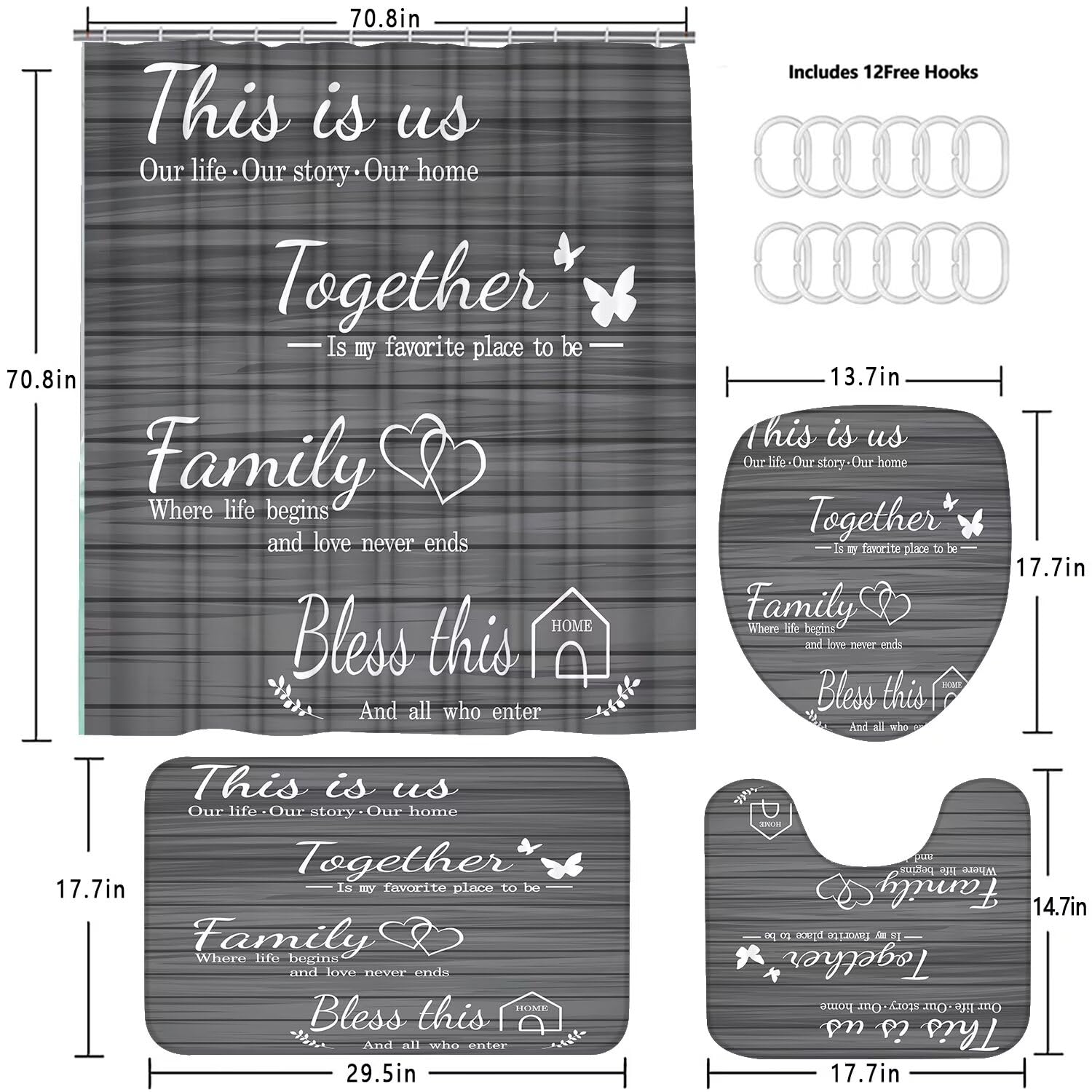 Azhm Family Shower Curtain Set Gray Home Bathroom Set With Shower Curtain And Rugs And Accessories Bathroom Decor Curtain With 1