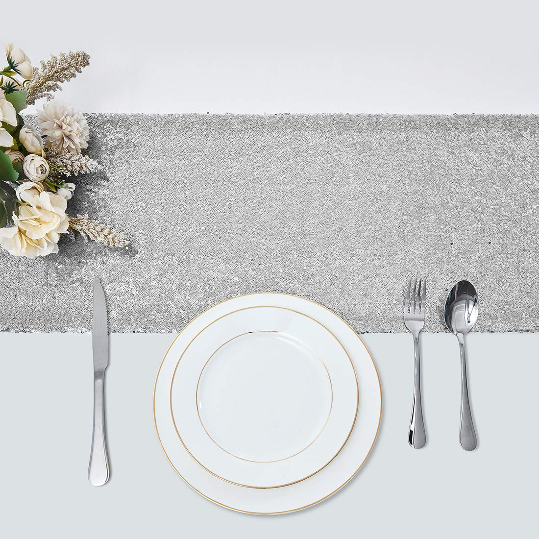 6 Packs 12 X 72 Inches Silver Sequin Table Runner, Glitter Runner For Birthday Party Supplies Decorations Wedding Bachelorette H
